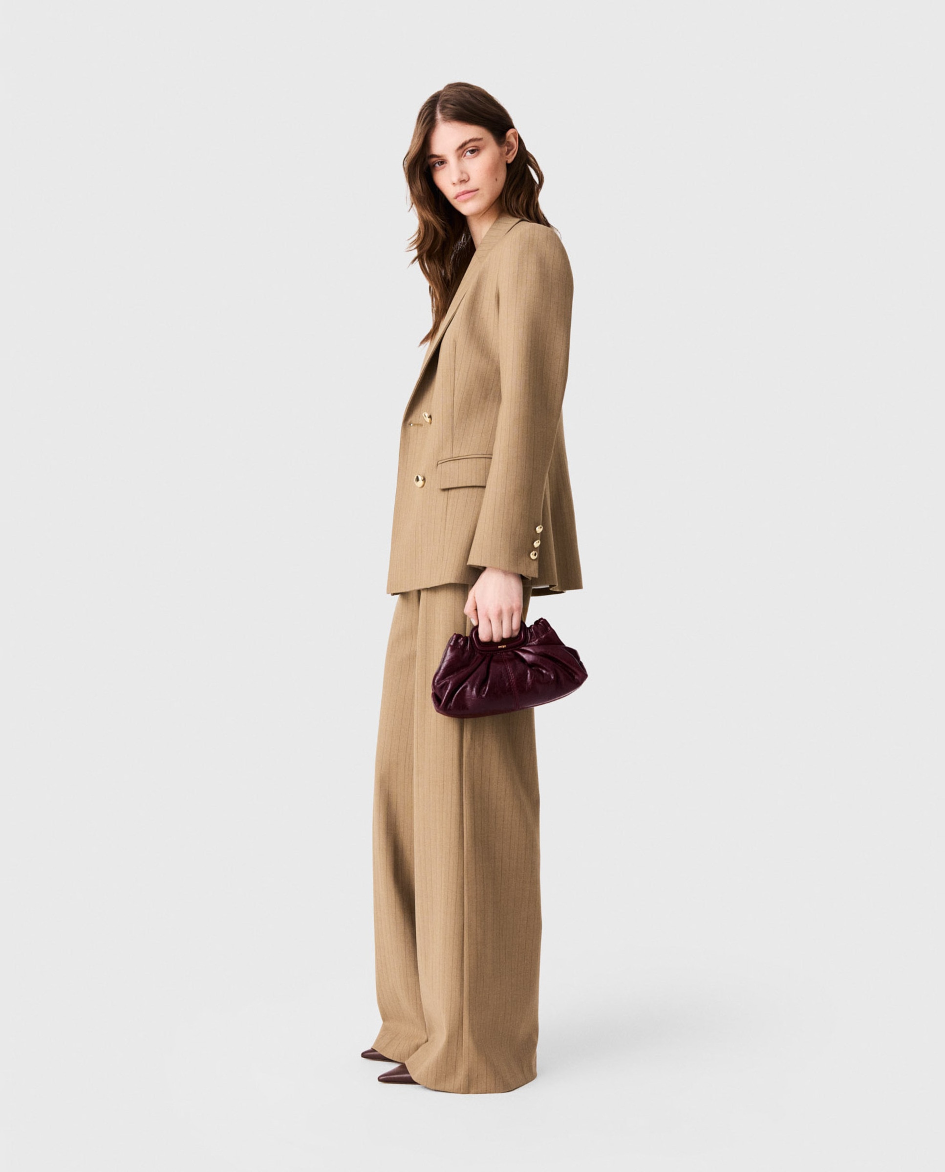 Chaqueta de mujer cruzada de lana con raya diplomática - Maje - Beige Beige-4