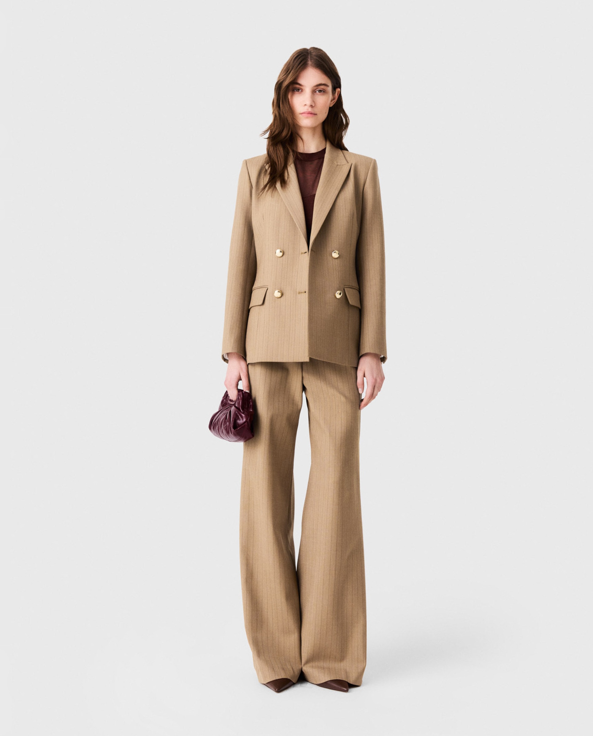 Chaqueta de mujer cruzada de lana con raya diplomática - Maje - Beige Beige-5
