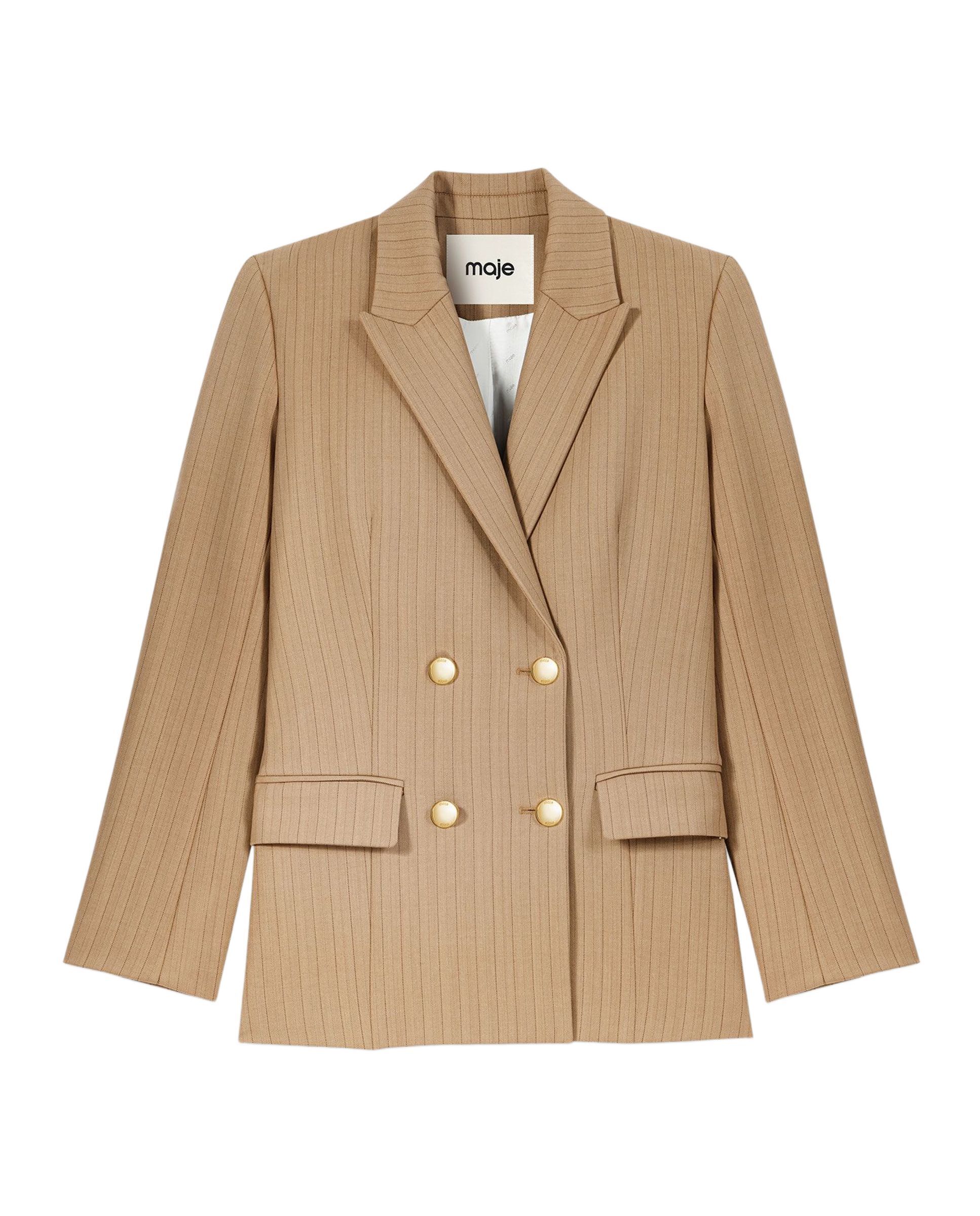 Chaqueta de mujer cruzada de lana con raya diplomática - Maje - Beige Beige-7