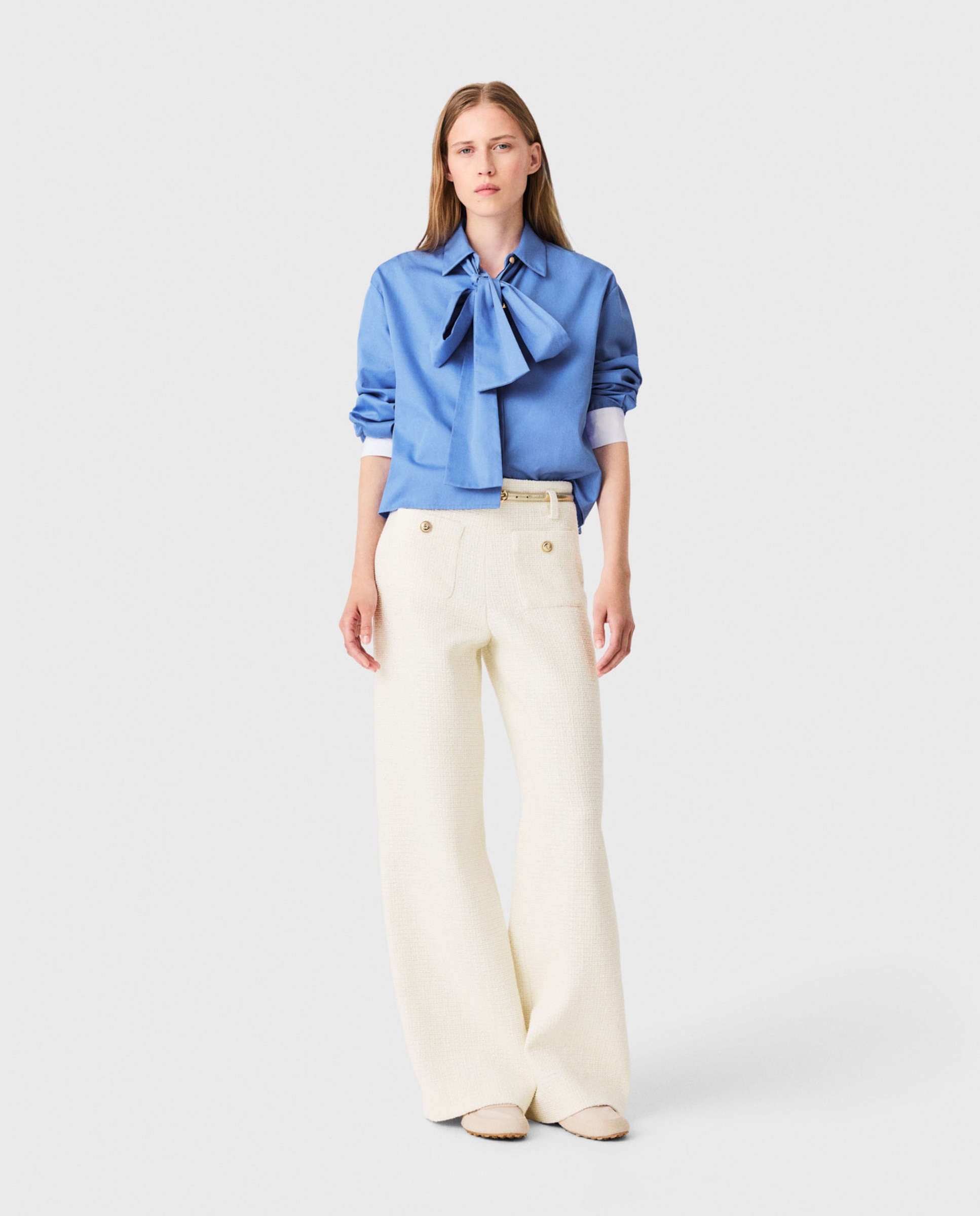 Pantalones anchos de mujer de tweed con lúrex talle alto - Maje - Blanco Blanco-1