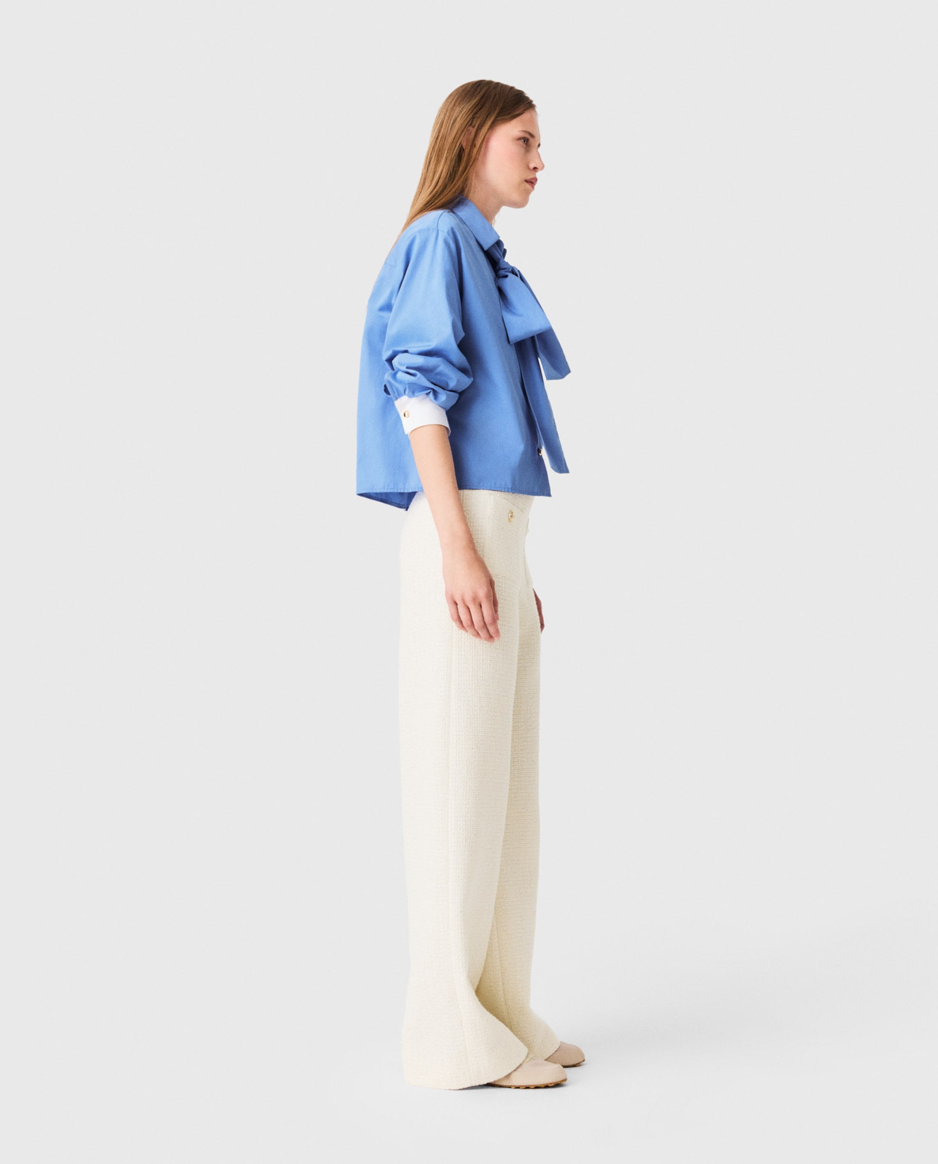 Pantalones anchos de mujer de tweed con lúrex talle alto - Maje - Blanco Blanco-3