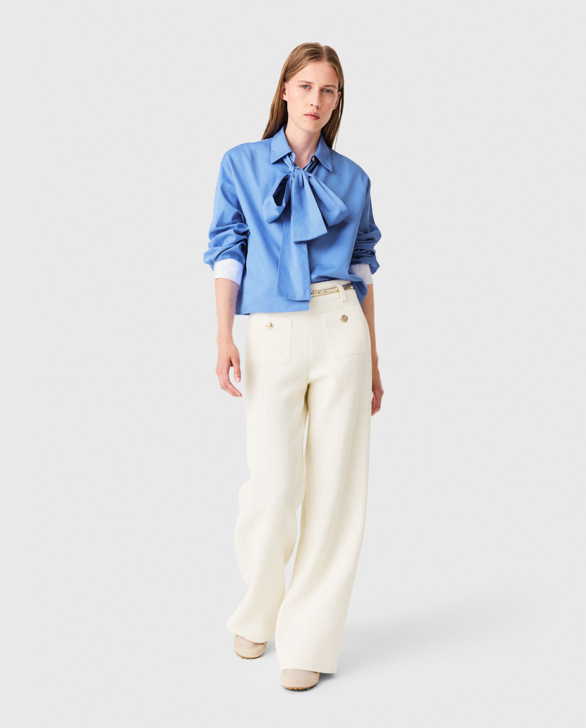 Pantalones anchos de mujer de tweed con lúrex talle alto - Maje - Blanco Blanco-4