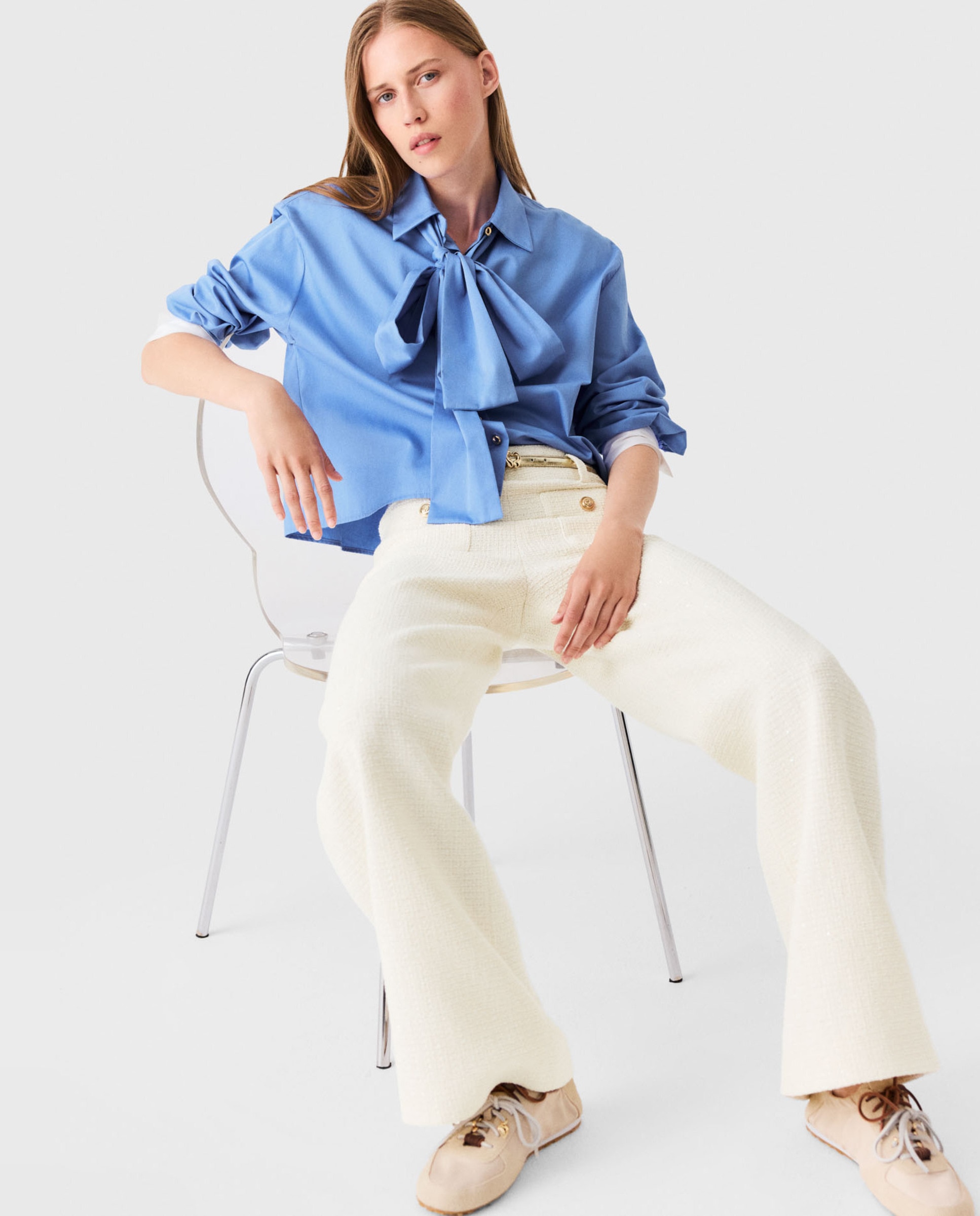 Pantalones anchos de mujer de tweed con lúrex talle alto - Maje - Blanco Blanco-5