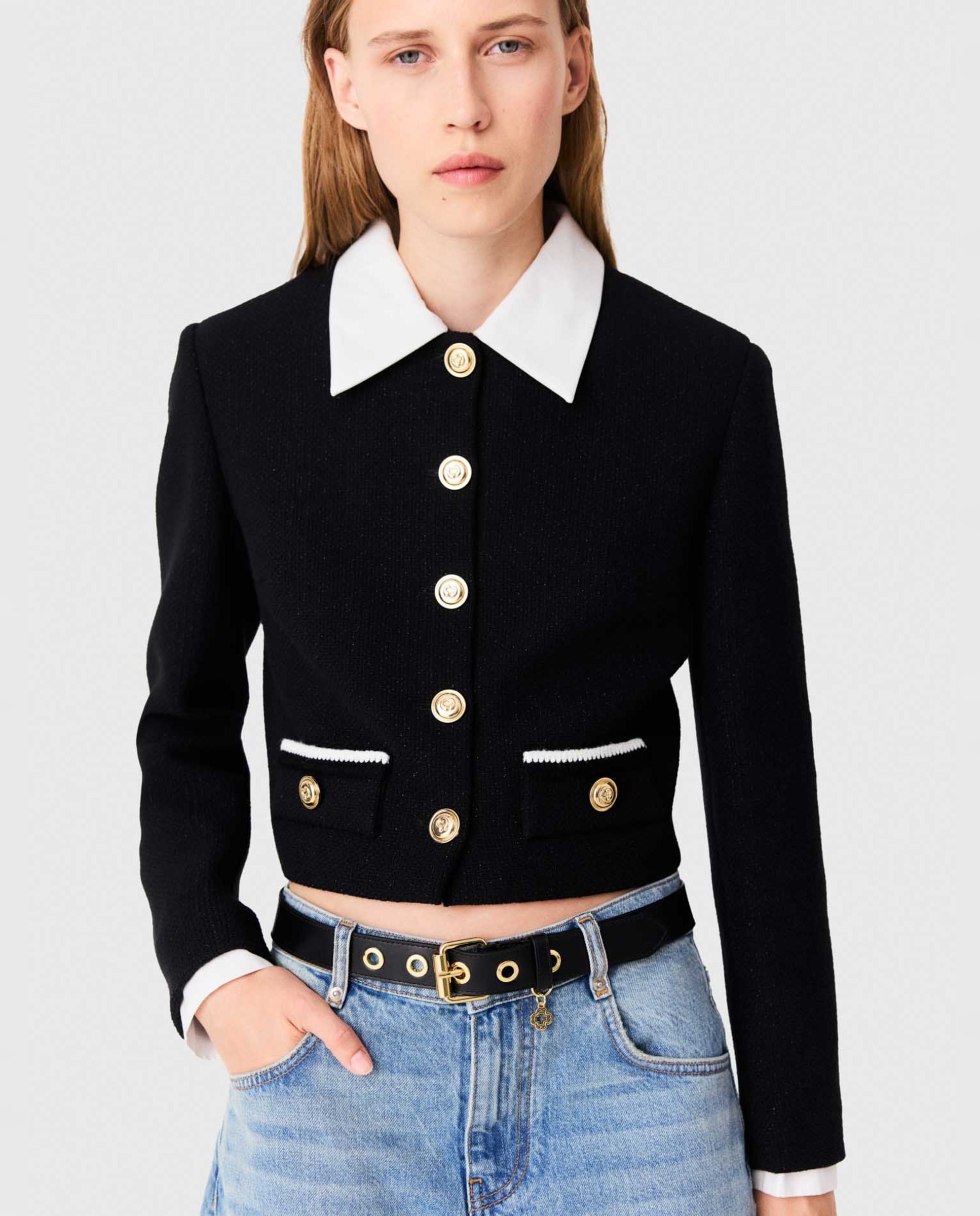 Chaqueta de mujer corta de tweed con cuello y puños desmontables - Maje - Negro Negro-1