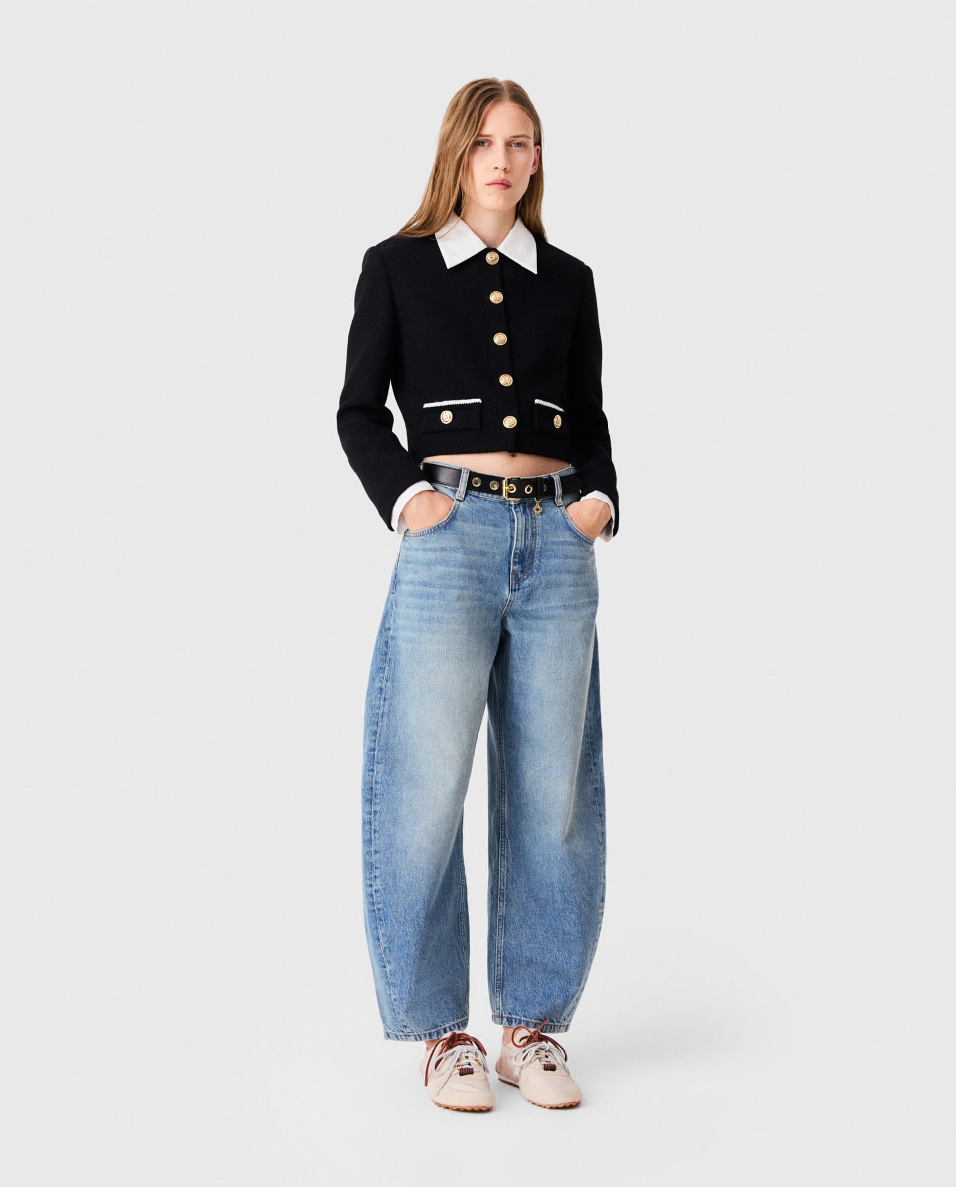 Chaqueta de mujer corta de tweed con cuello y puños desmontables - Maje - Negro Negro-4