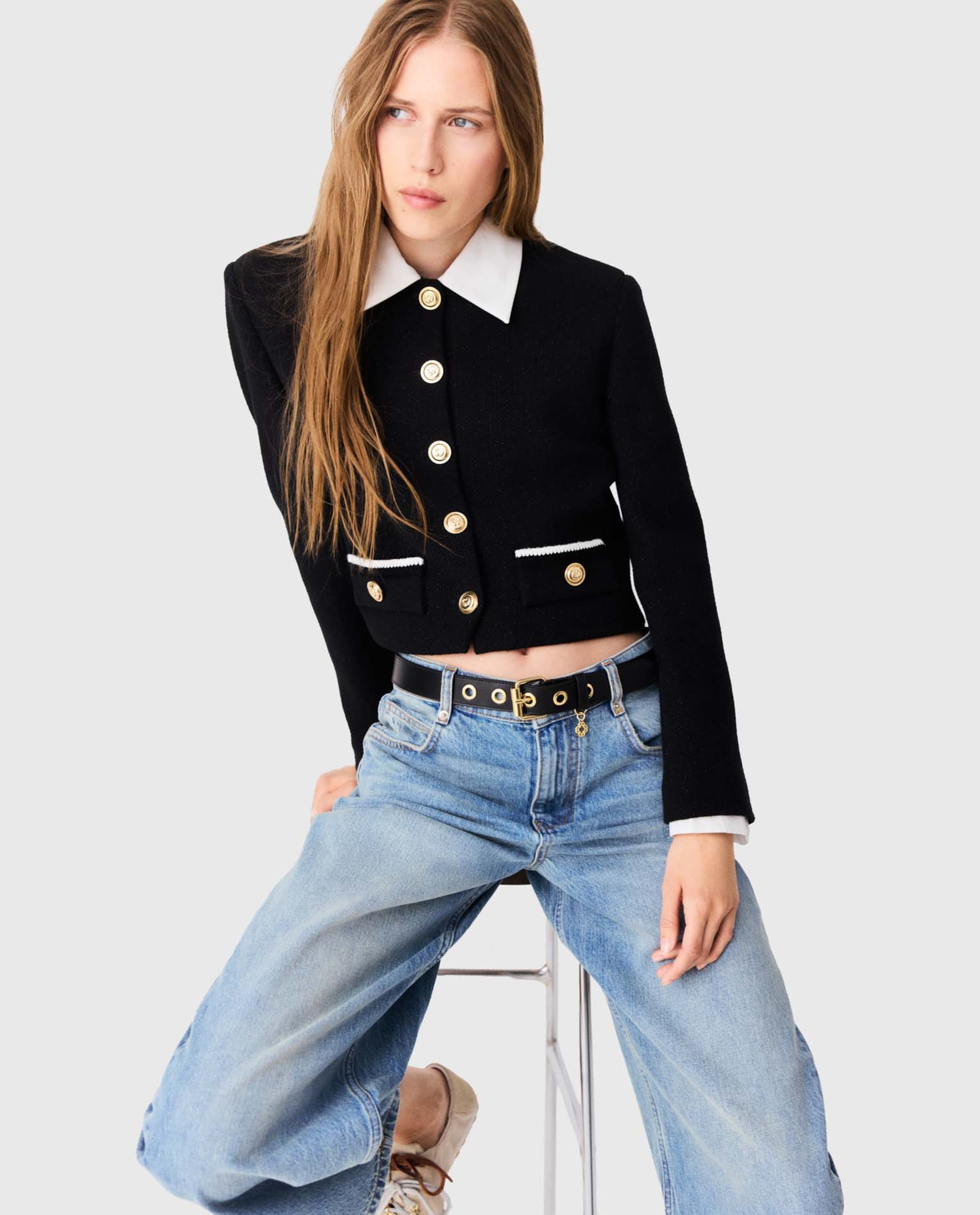 Chaqueta de mujer corta de tweed con cuello y puños desmontables - Maje - Negro Negro-5