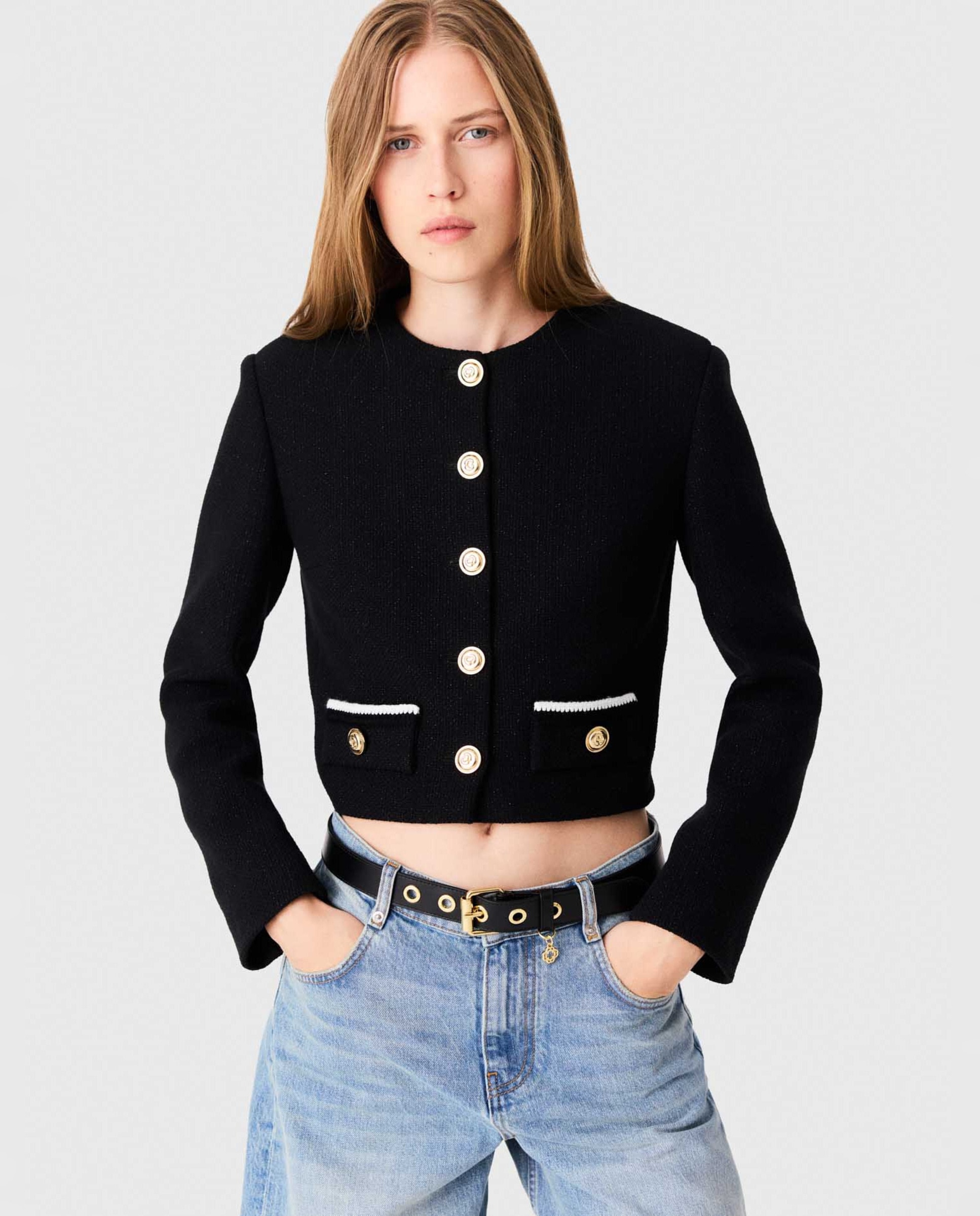 Chaqueta de mujer corta de tweed con cuello y puños desmontables - Maje - Negro Negro-6