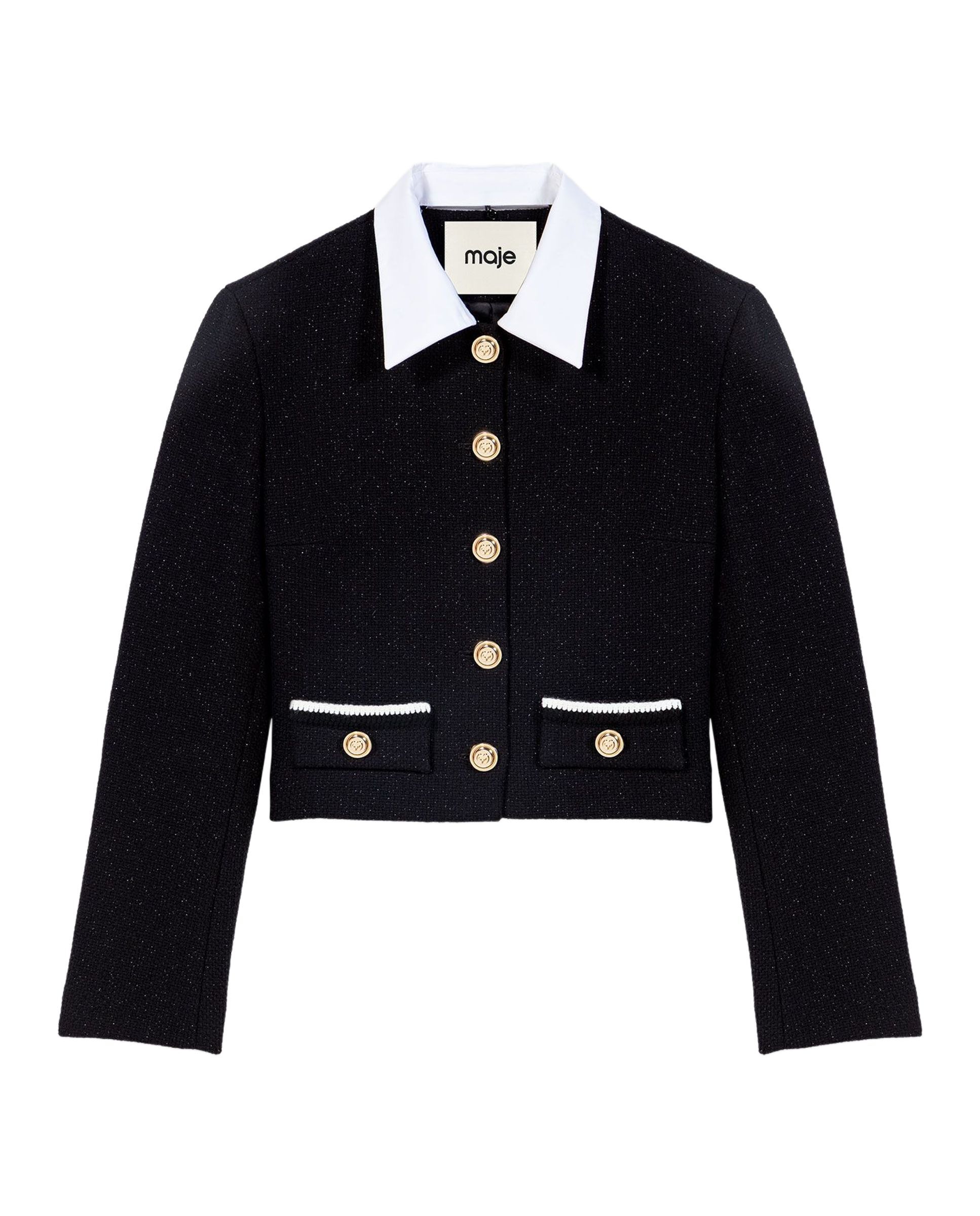 Chaqueta de mujer corta de tweed con cuello y puños desmontables - Maje - Negro Negro-8