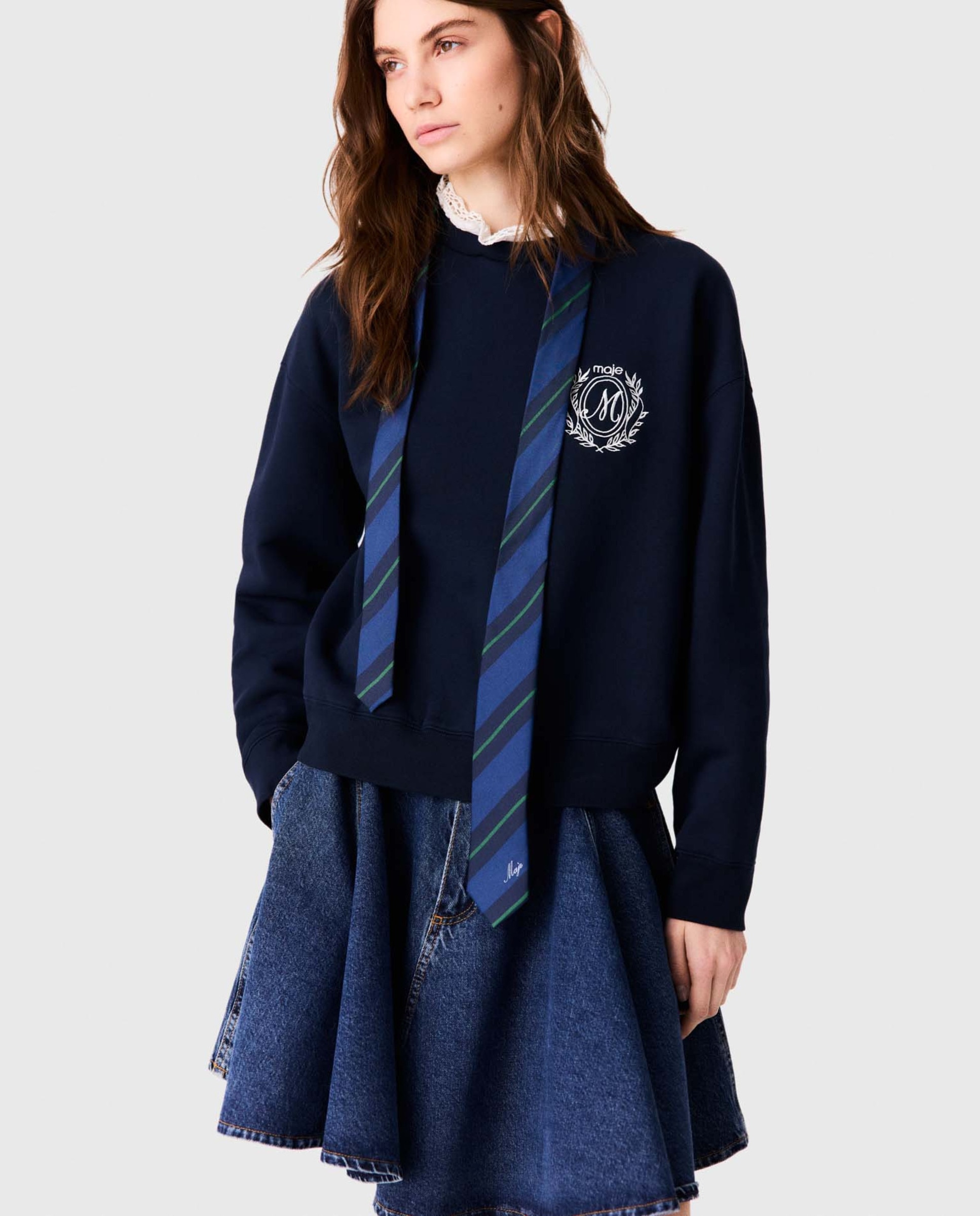 Corbata de mujer de seda con rayas diagonales estilo preppy - Maje - Azul marino Azul marino-3
