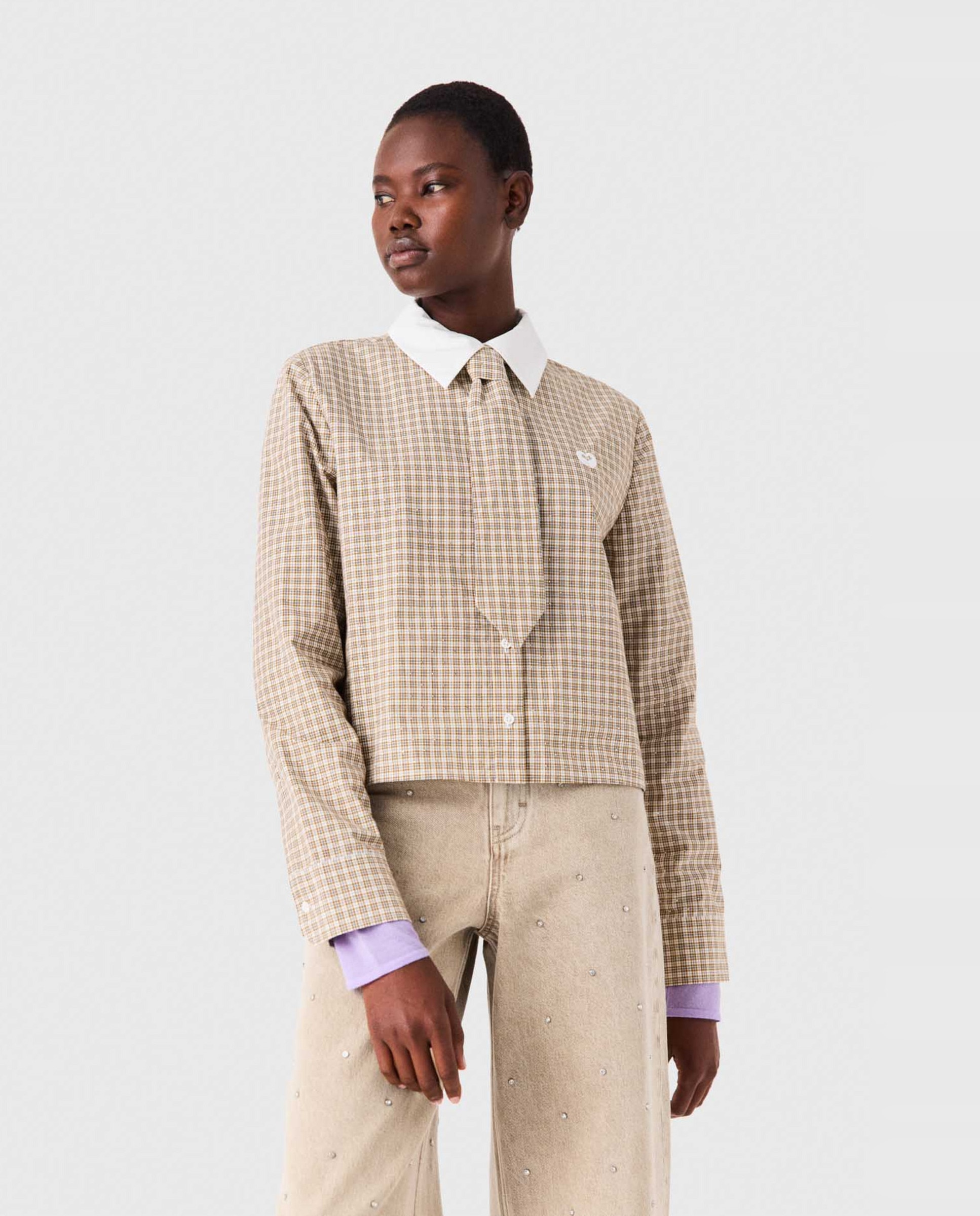 Camisa de mujer corta de algodón de cuadros con strass - Maje - Beige Beige-1