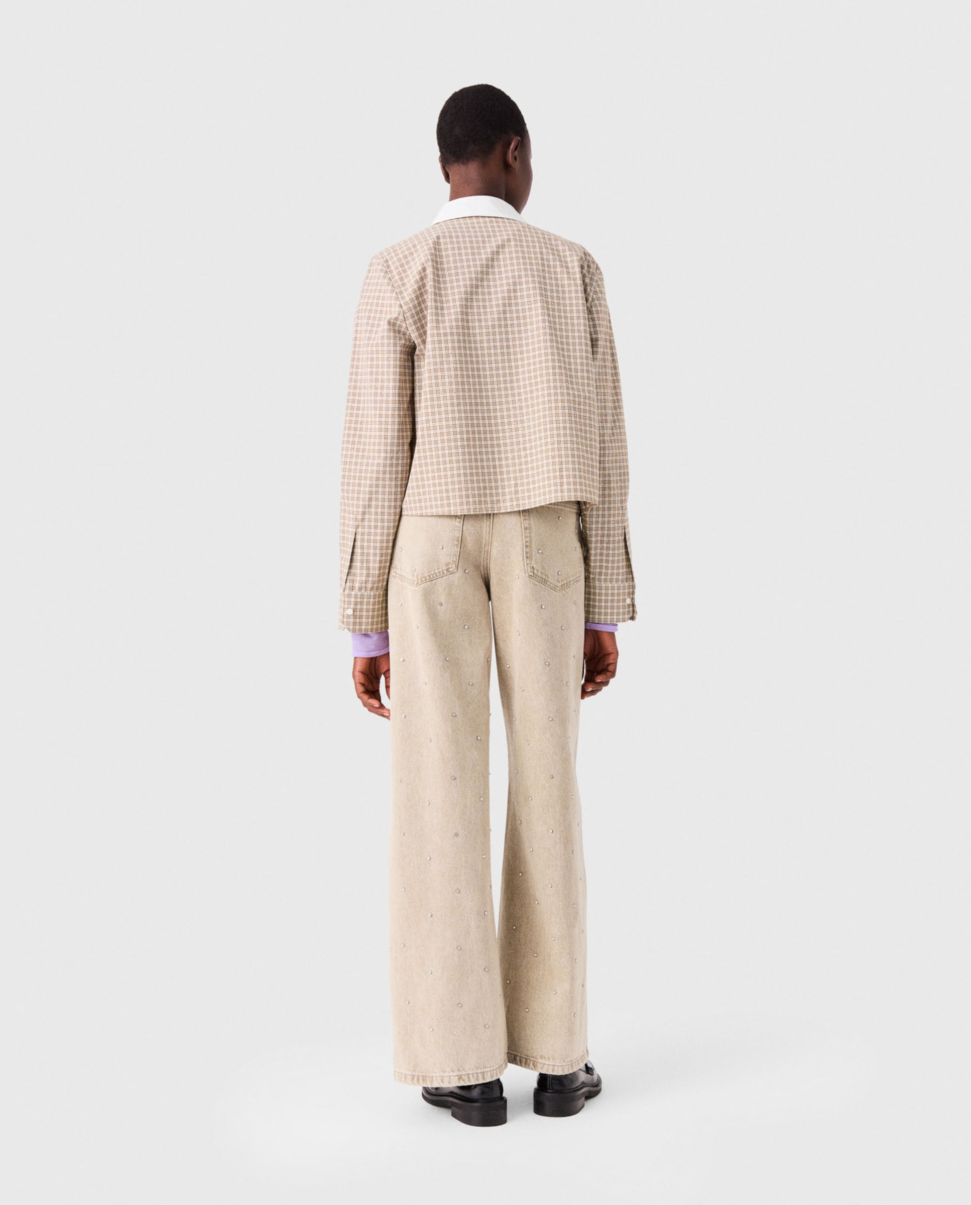 Camisa de mujer corta de algodón de cuadros con strass - Maje - Beige Beige-2