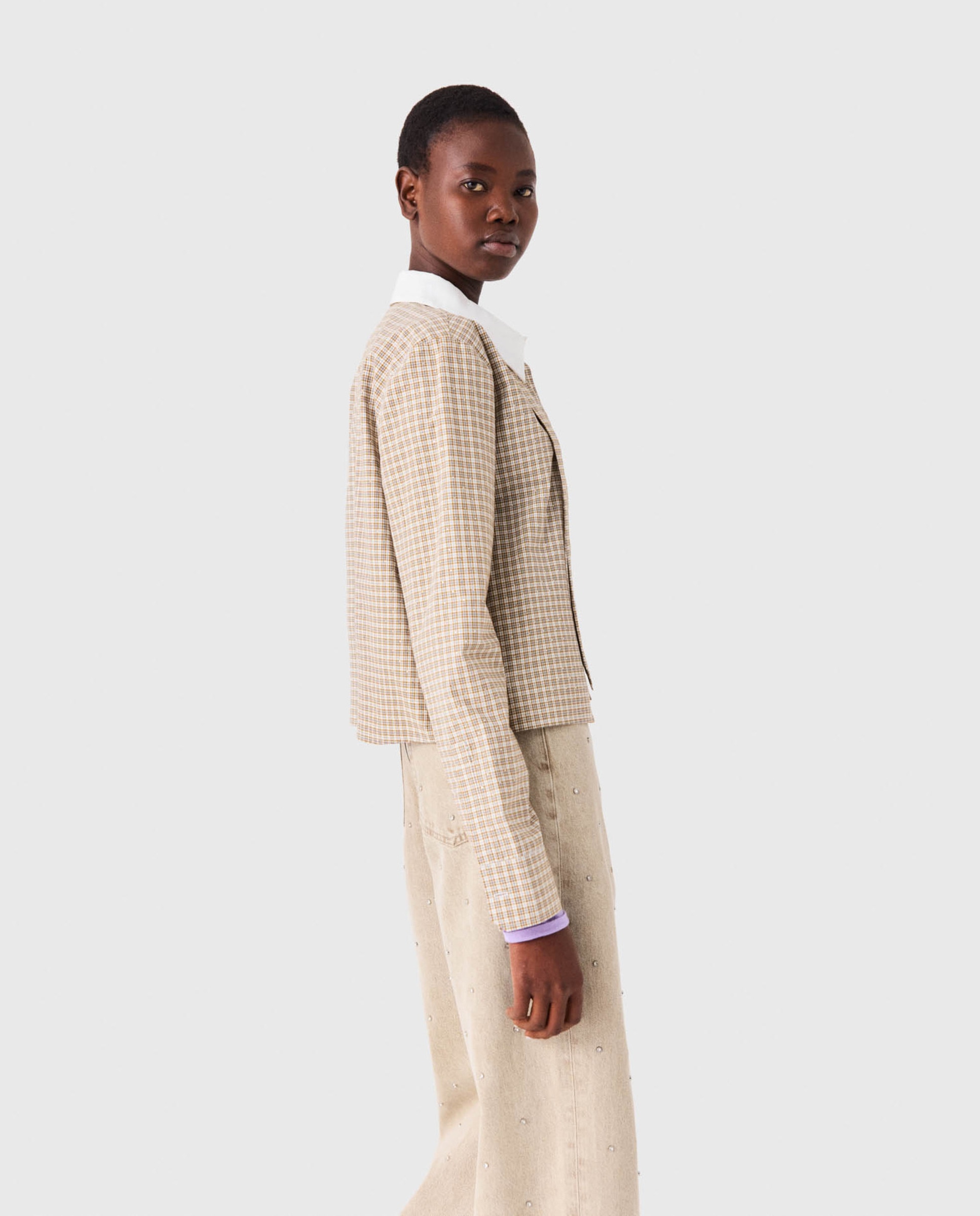 Camisa de mujer corta de algodón de cuadros con strass - Maje - Beige Beige-3