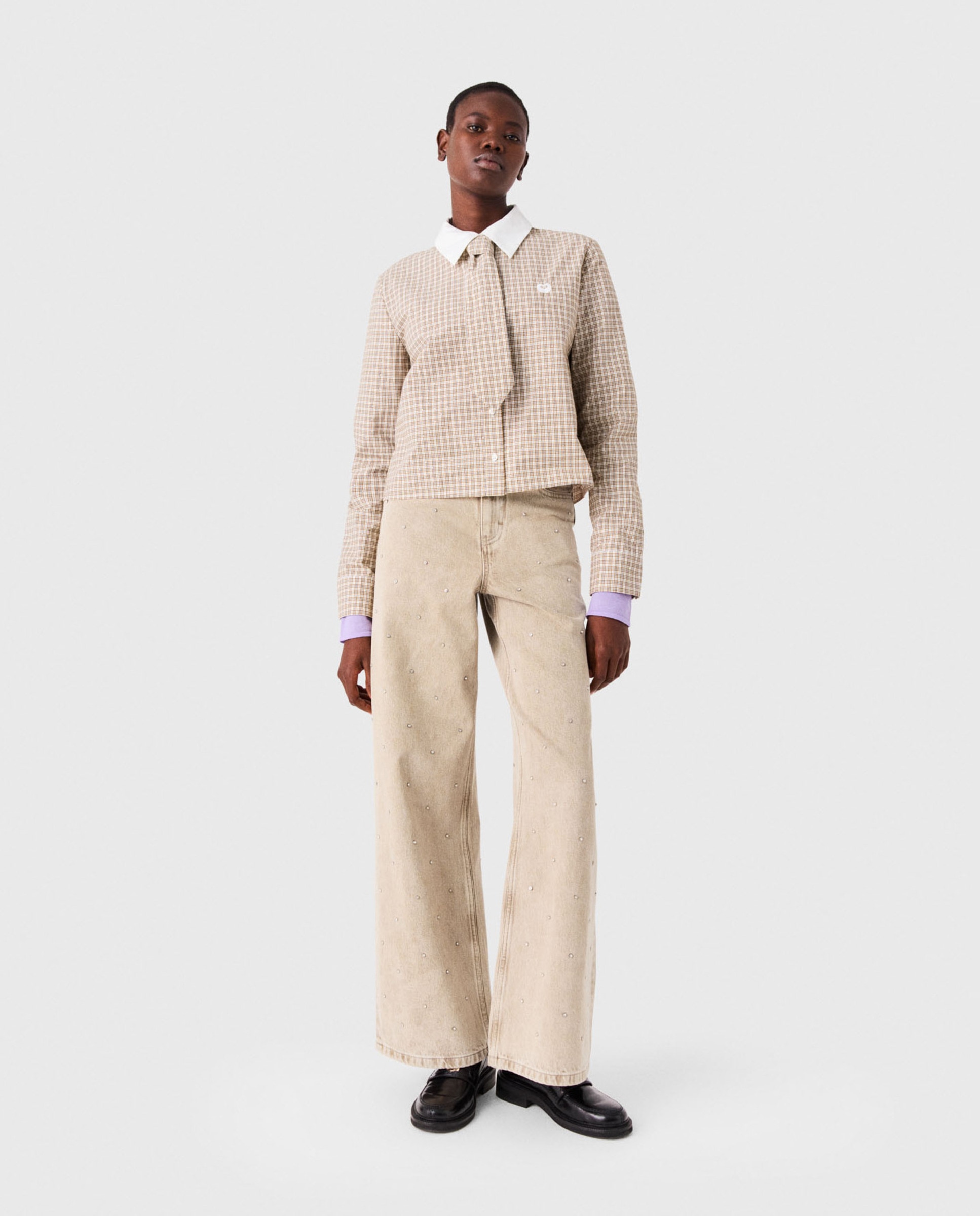 Camisa de mujer corta de algodón de cuadros con strass - Maje - Beige Beige-4
