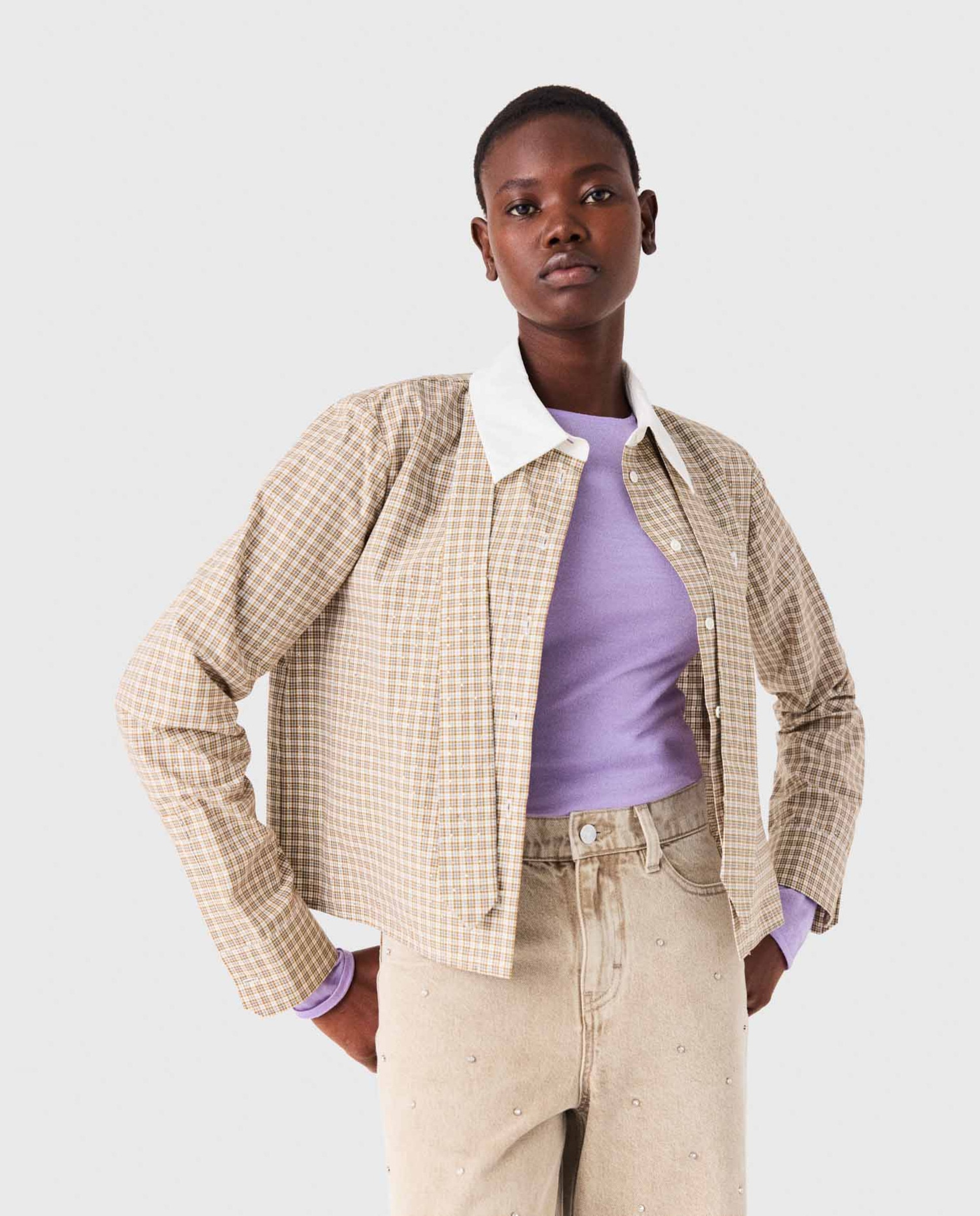 Camisa de mujer corta de algodón de cuadros con strass - Maje - Beige Beige-7