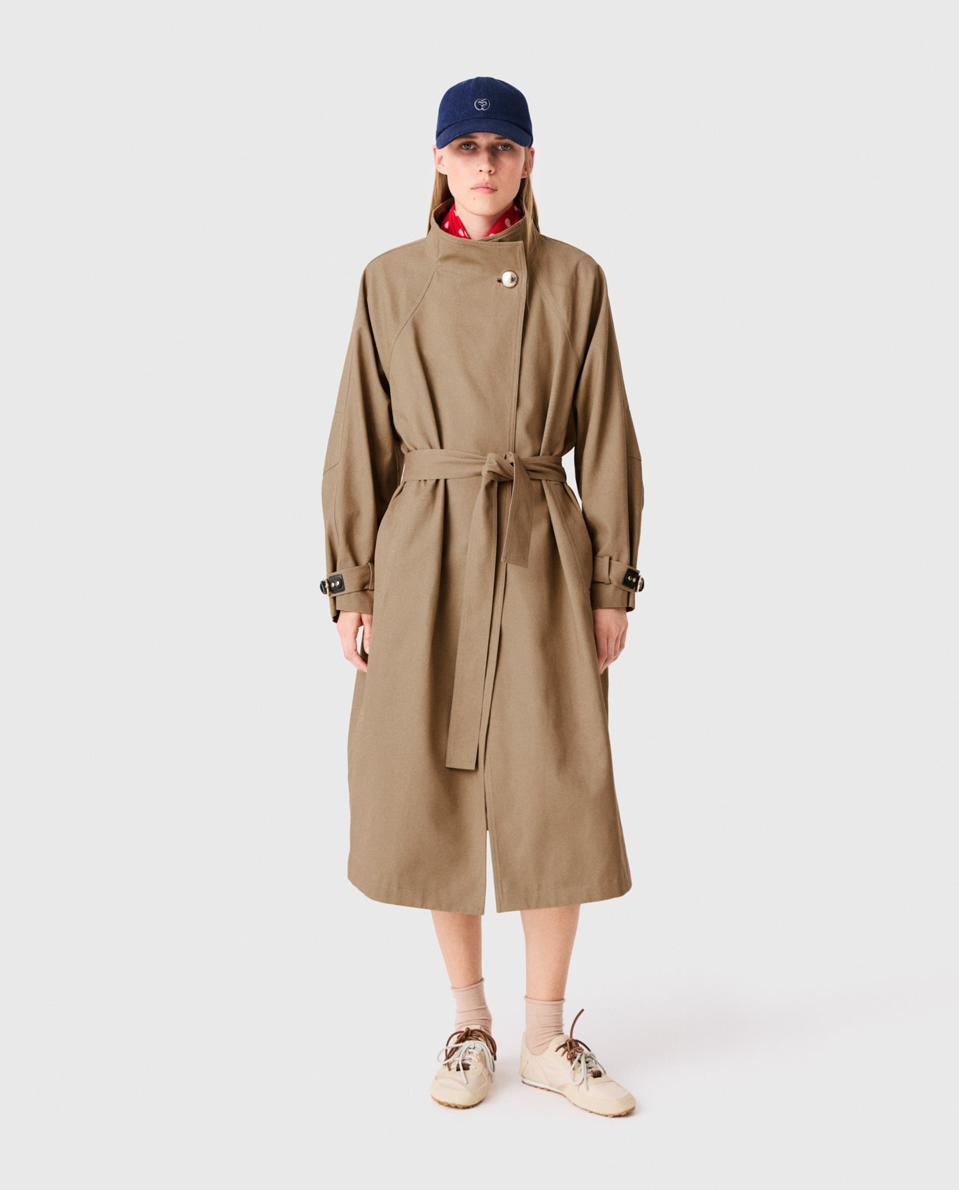 Gabardina de mujer larga 100% algodón con botones dorados - Maje - Beige Beige-1