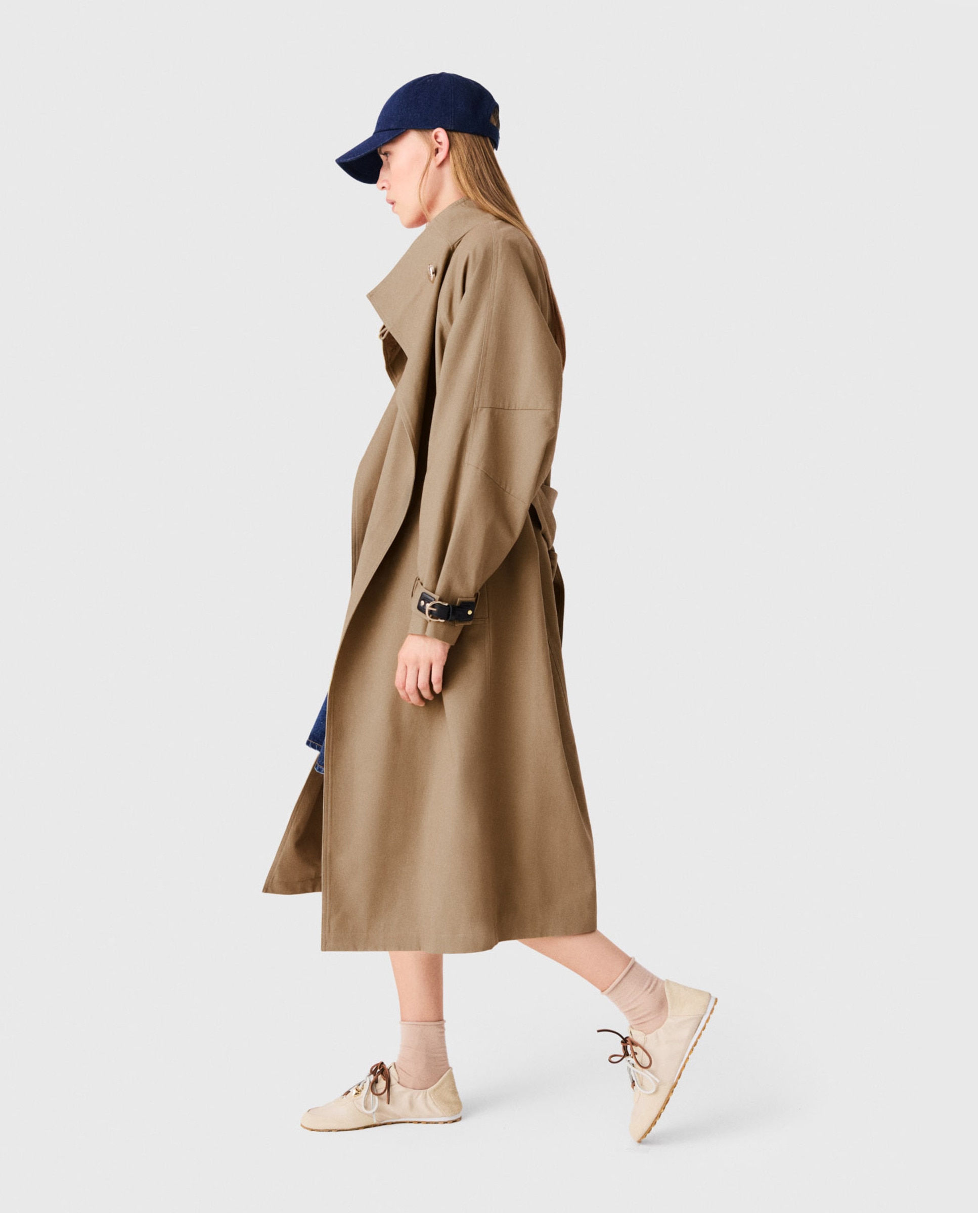 Gabardina de mujer larga 100% algodón con botones dorados - Maje - Beige Beige-3