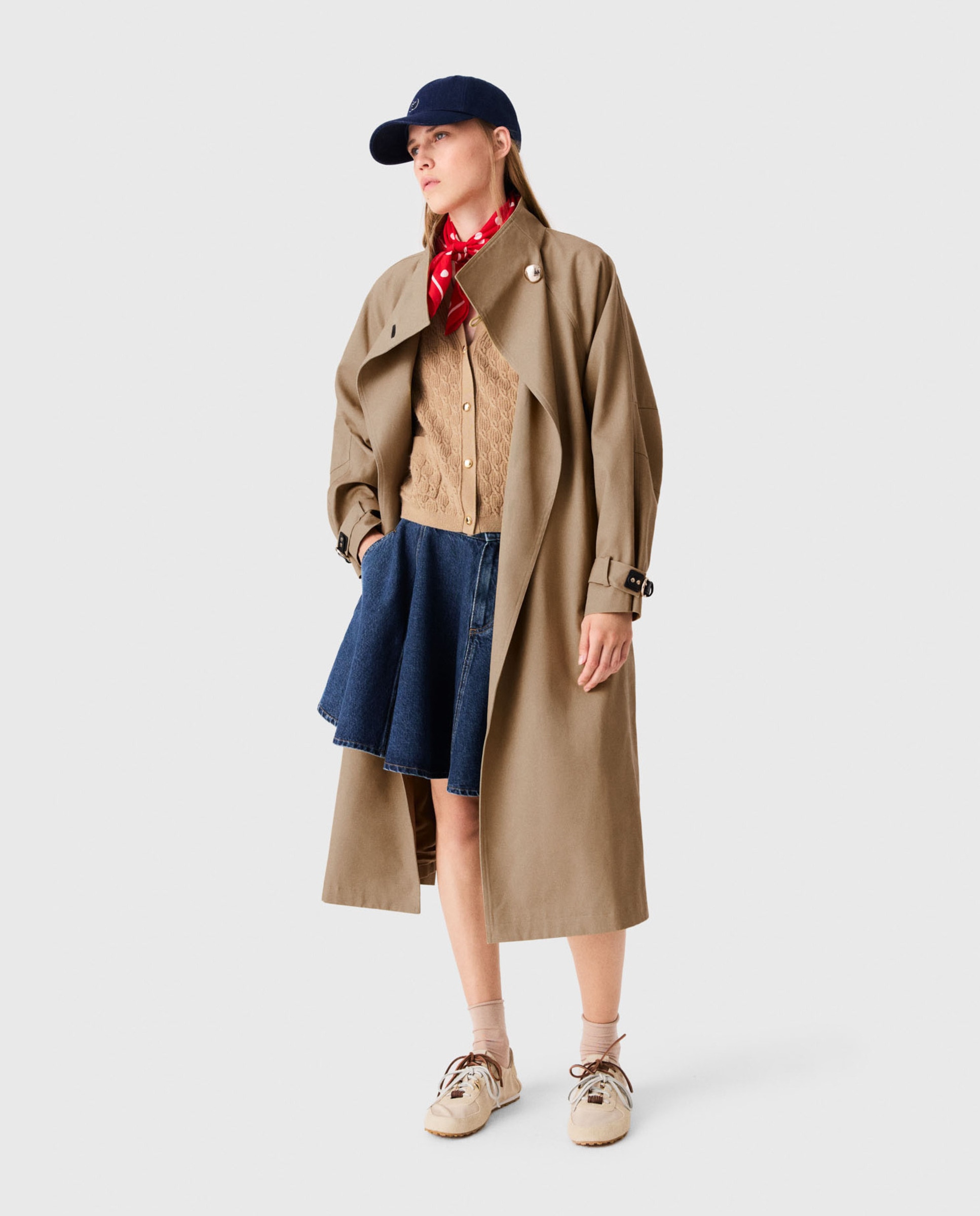 Gabardina de mujer larga 100% algodón con botones dorados - Maje - Beige Beige-4