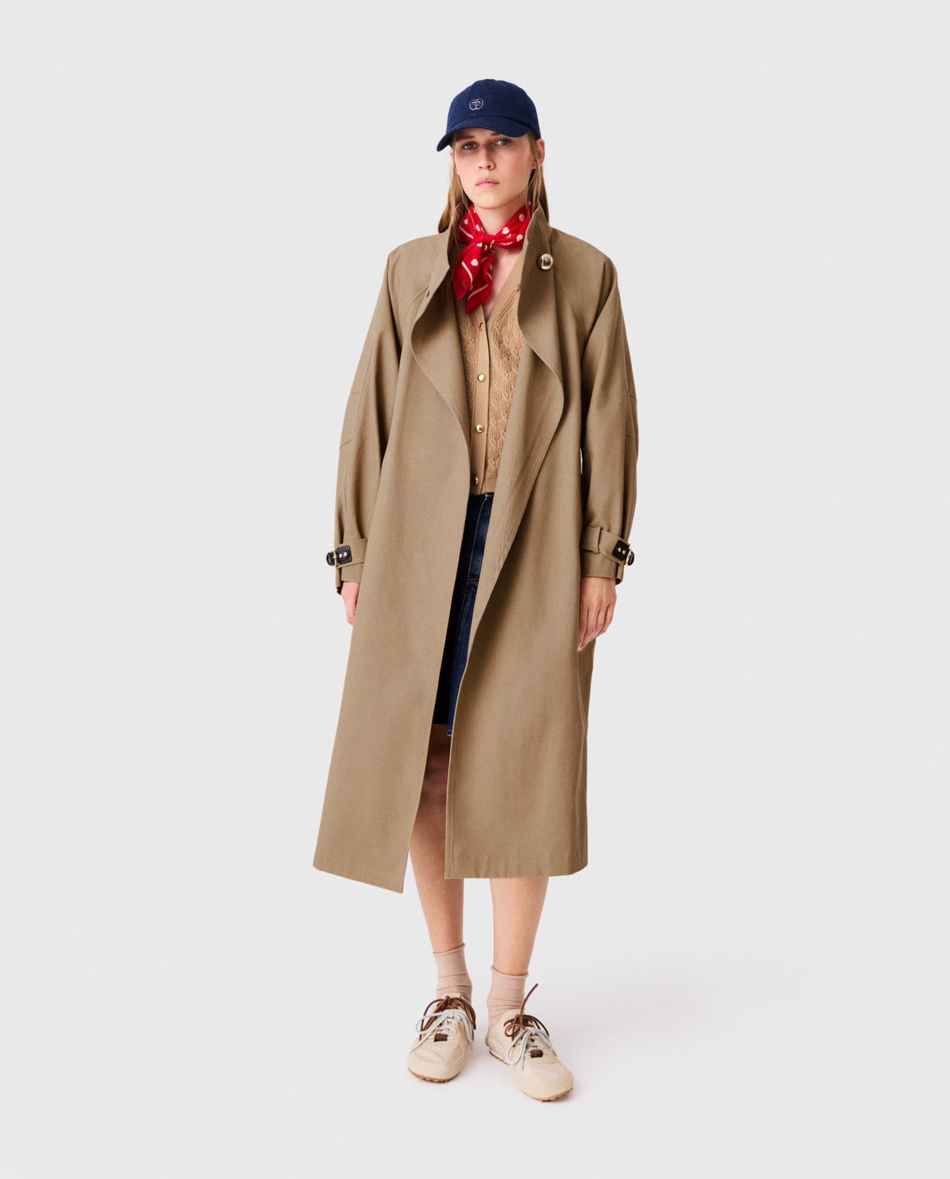 Gabardina de mujer larga 100% algodón con botones dorados - Maje - Beige Beige-5