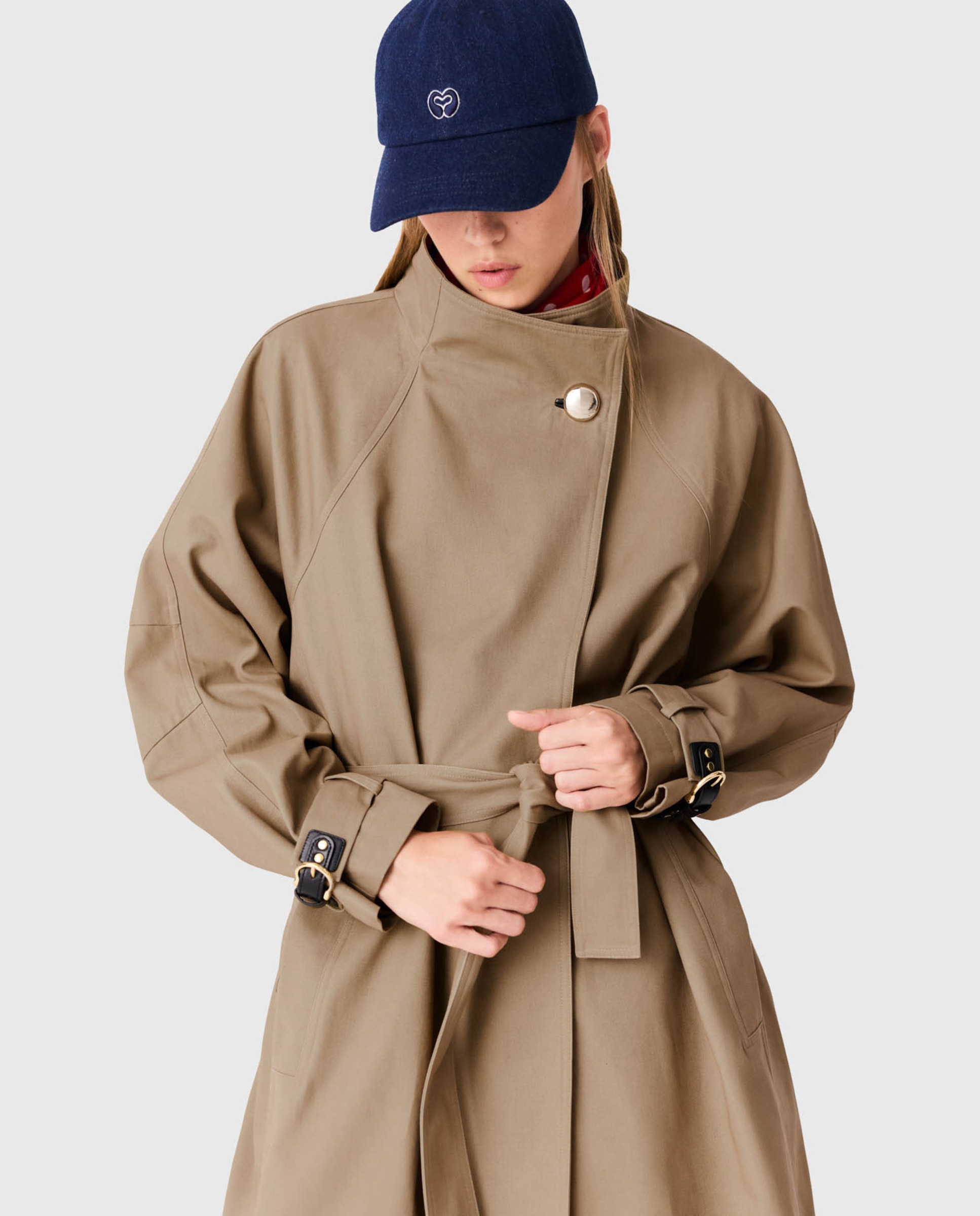 Gabardina de mujer larga 100% algodón con botones dorados - Maje - Beige Beige-6