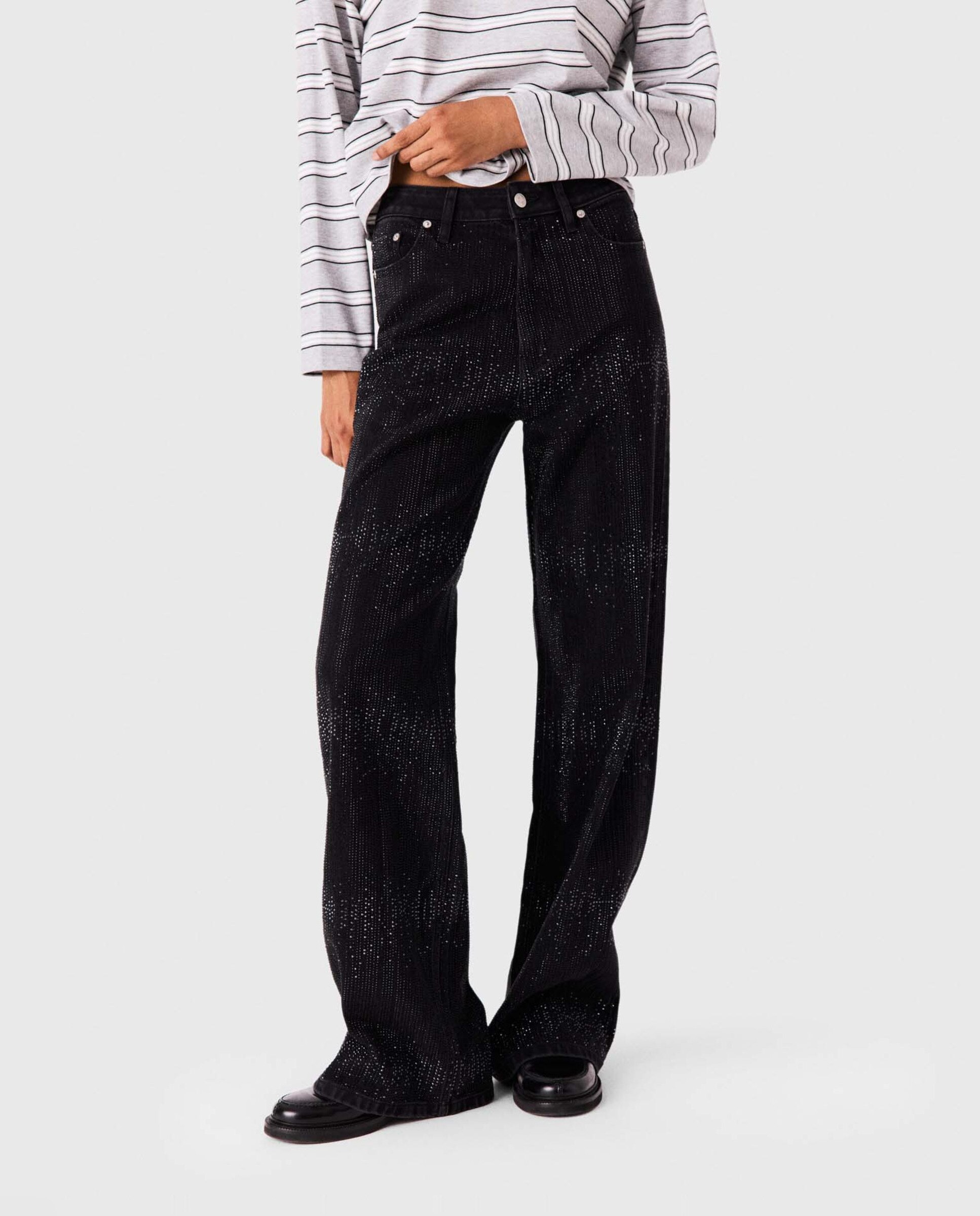 Vaquero ancho fluido de mujer talle medio con strass - Maje - Negro Negro-2