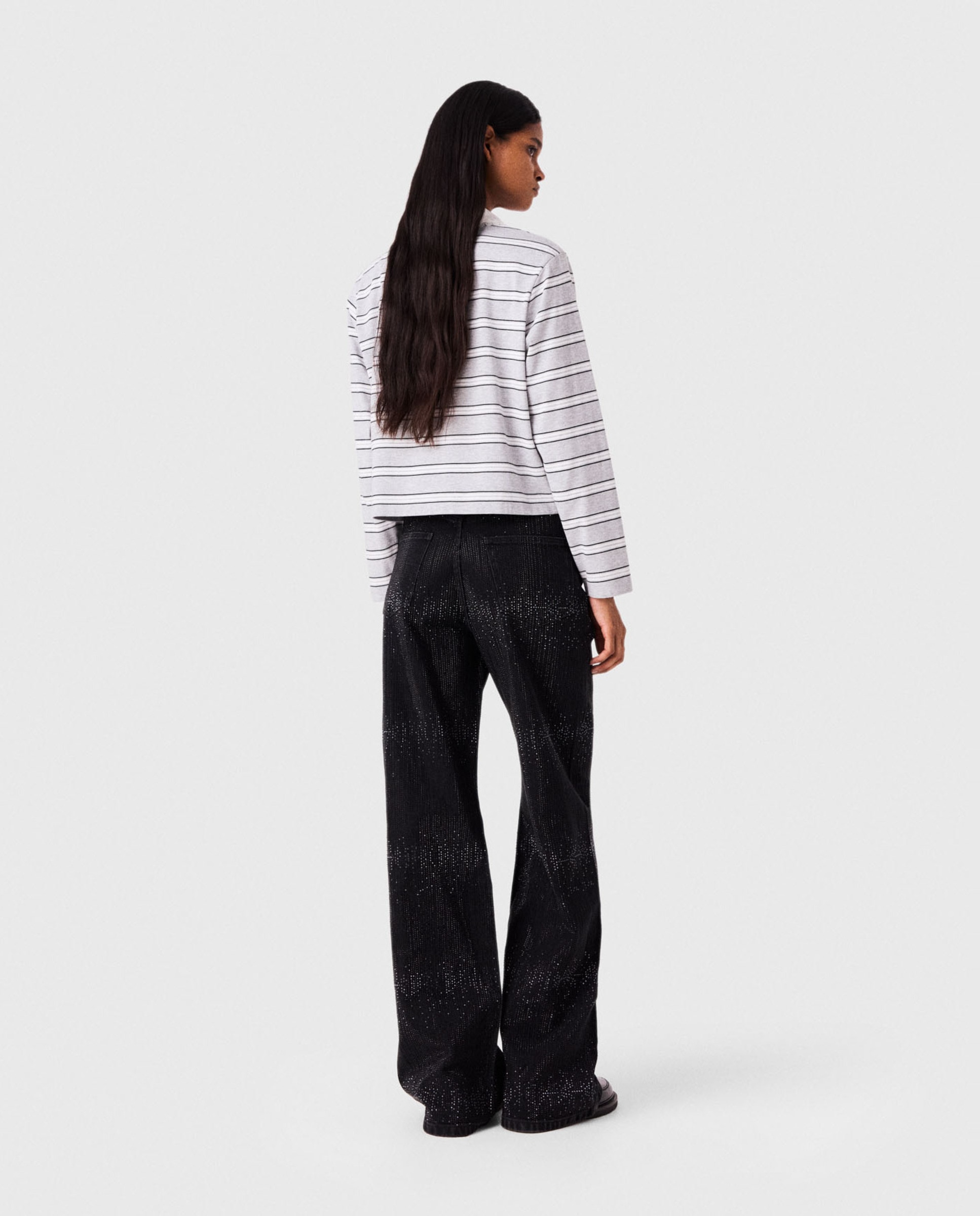 Vaquero ancho fluido de mujer talle medio con strass - Maje - Negro Negro-3