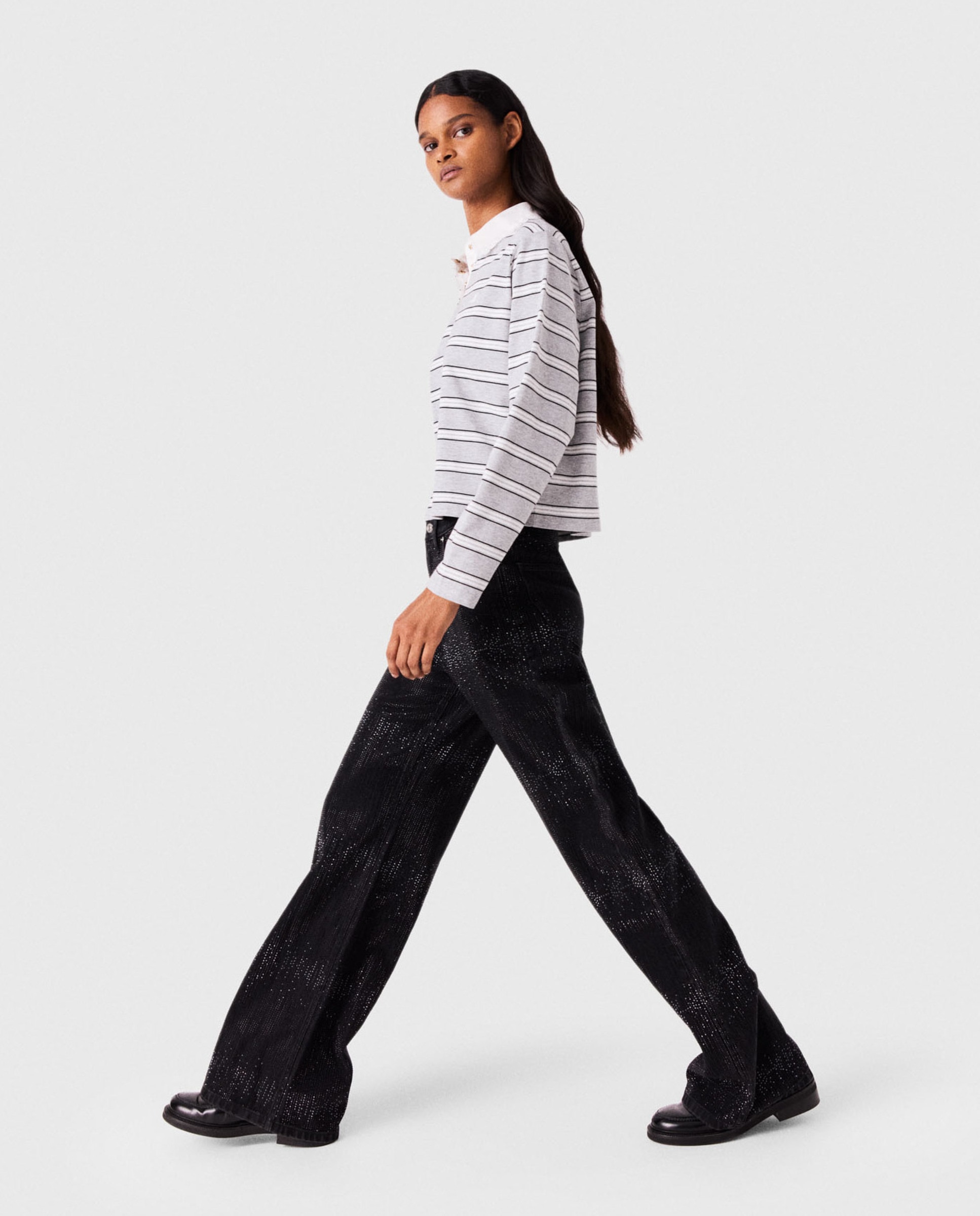 Vaquero ancho fluido de mujer talle medio con strass - Maje - Negro Negro-4