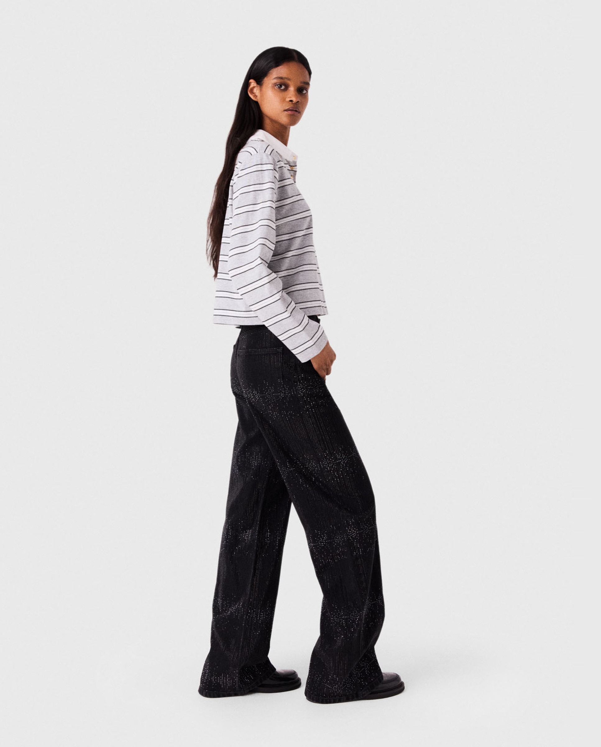 Vaquero ancho fluido de mujer talle medio con strass - Maje - Negro Negro-5