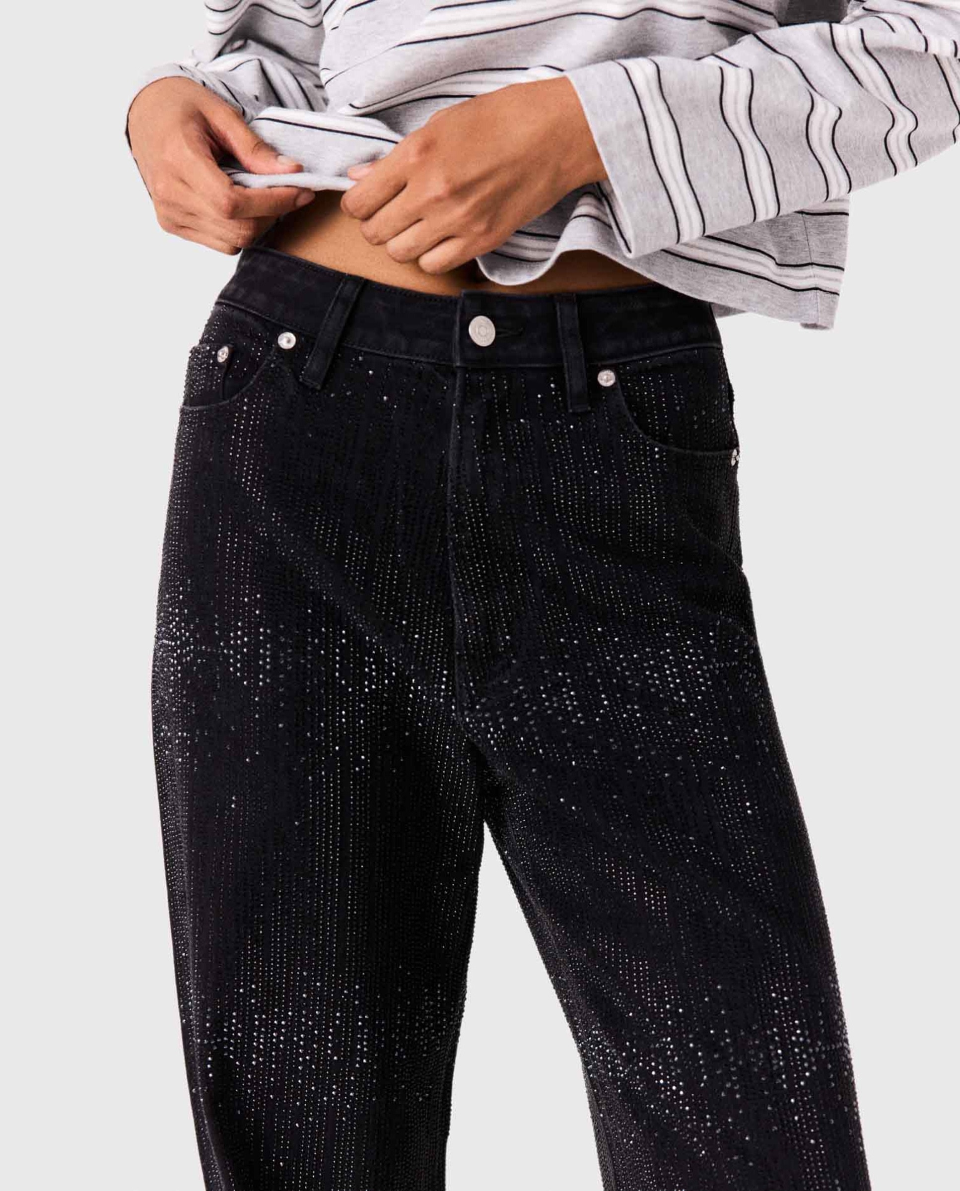 Vaquero ancho fluido de mujer talle medio con strass - Maje - Negro Negro-6