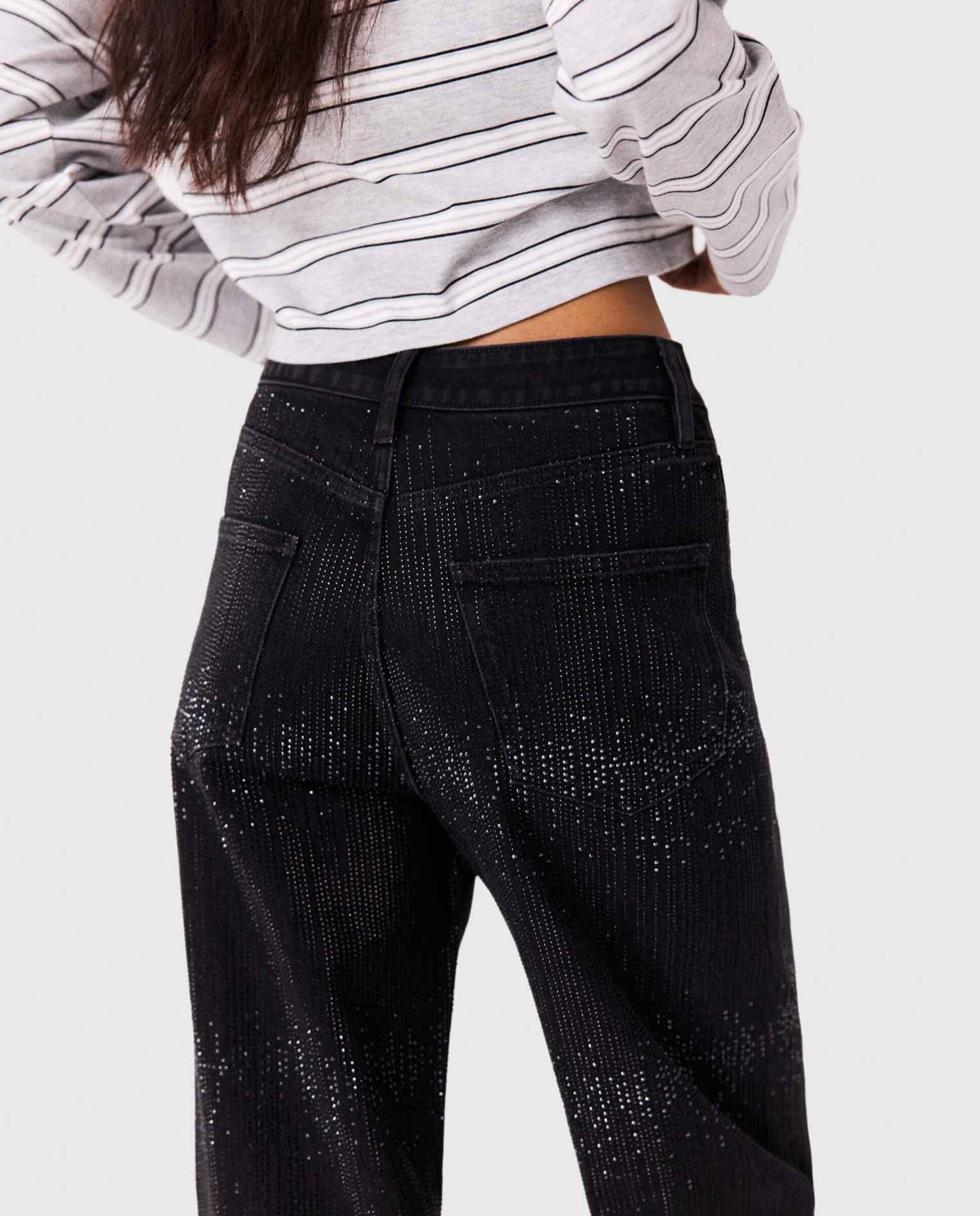 Vaquero ancho fluido de mujer talle medio con strass - Maje - Negro Negro-7