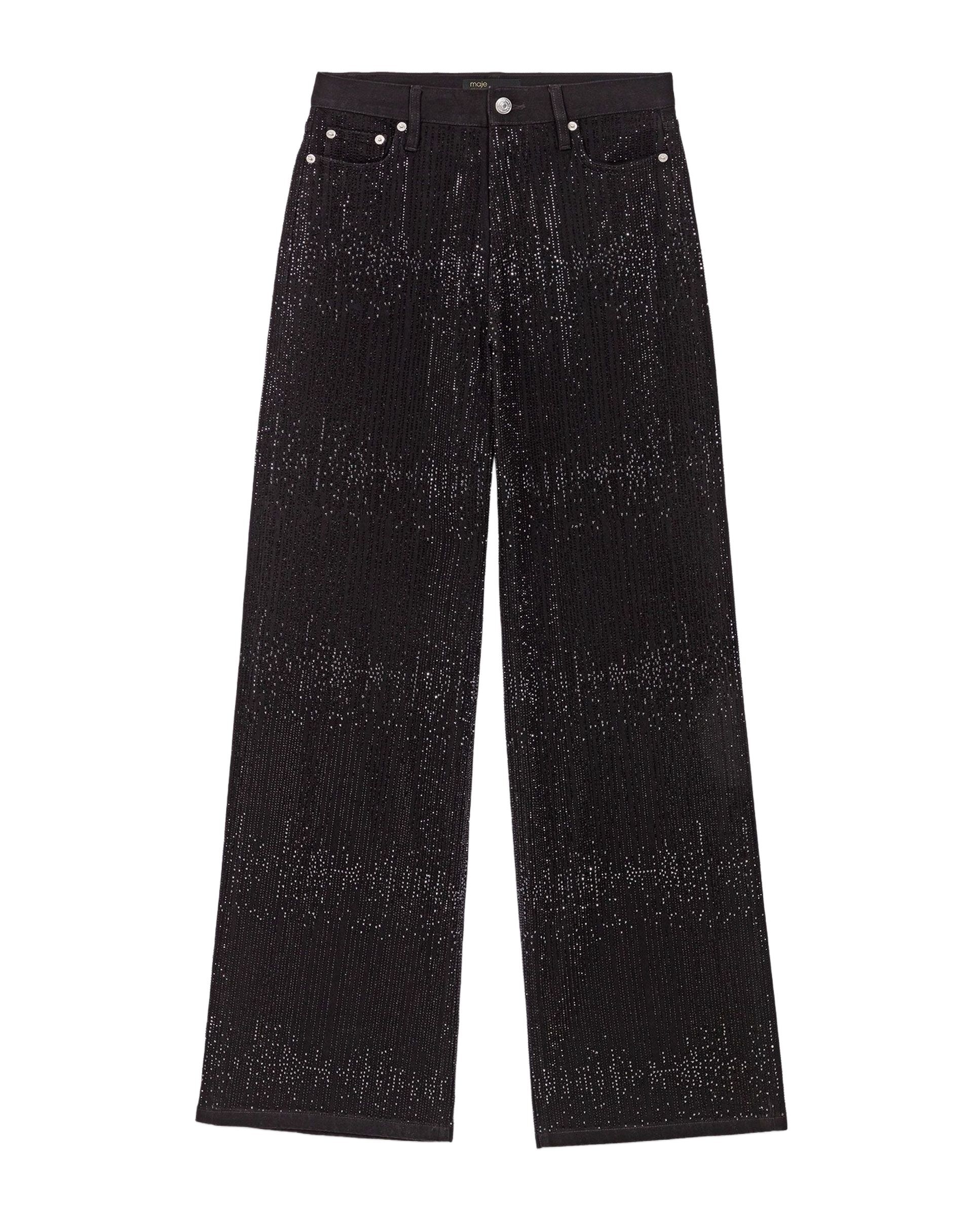 Vaquero ancho fluido de mujer talle medio con strass - Maje - Negro Negro-9