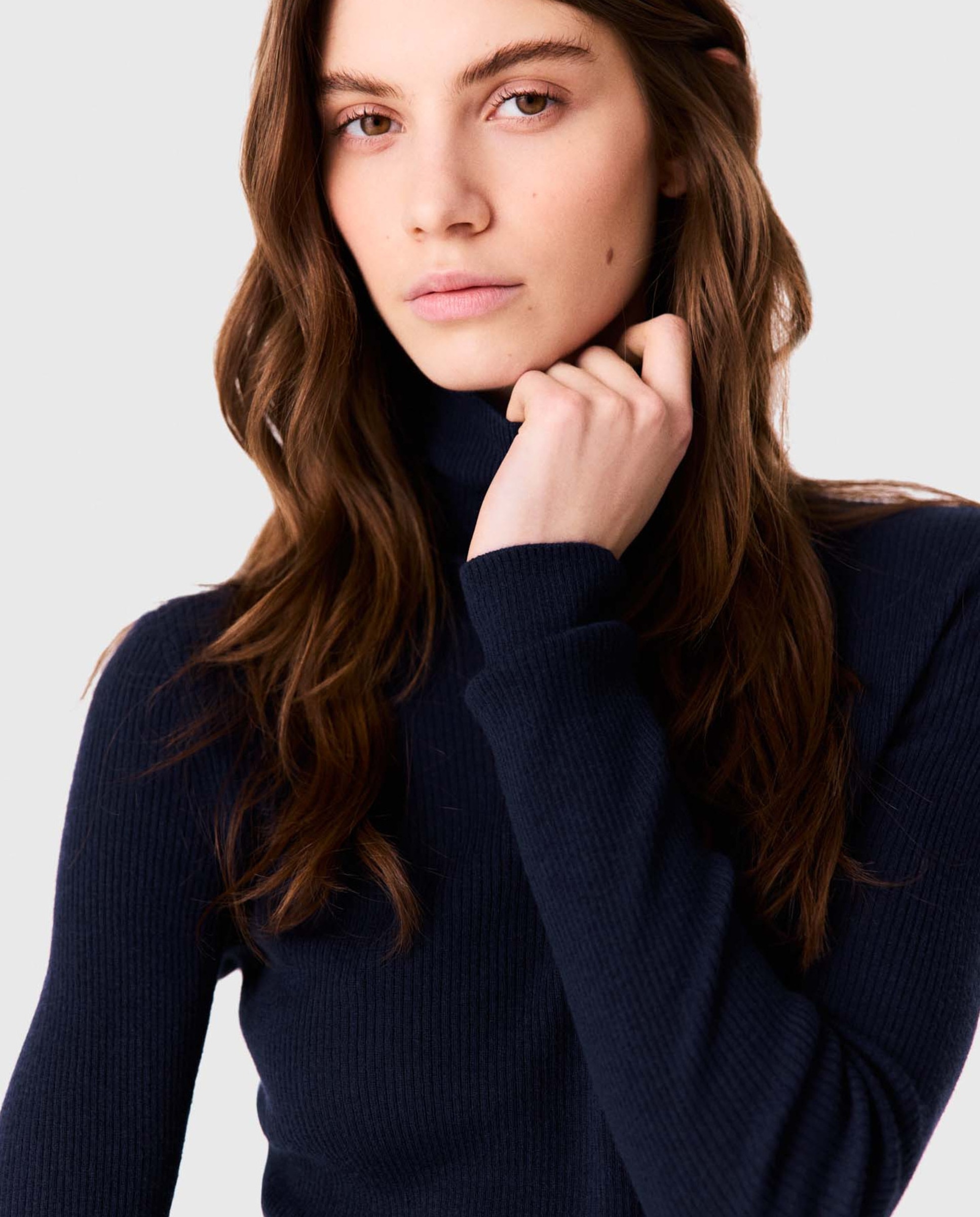 Jersey de mujer cuello alto acanalado de lana y seda - Maje - Azul marino Azul marino-5