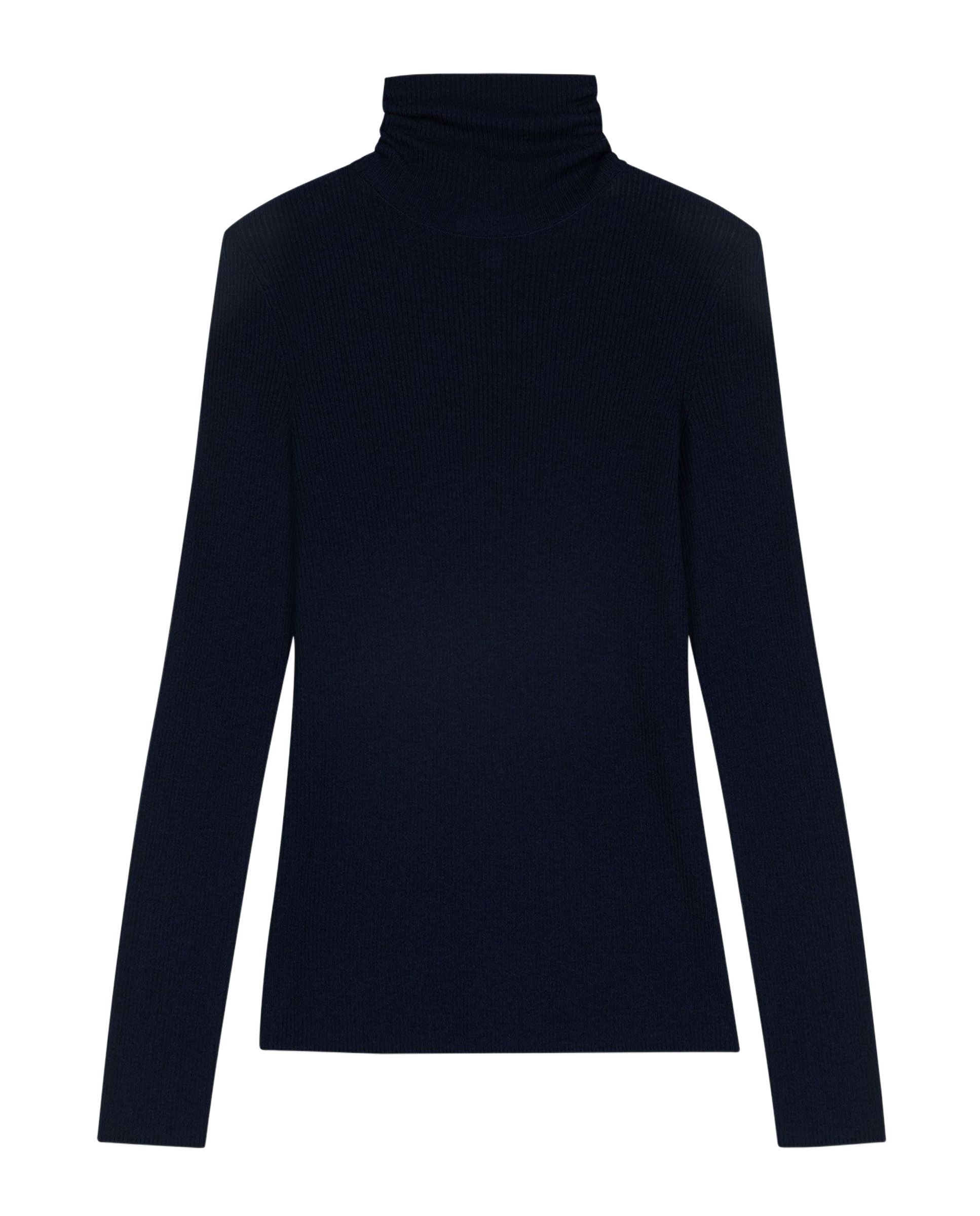 Jersey de mujer cuello alto acanalado de lana y seda - Maje - Azul marino Azul marino-6