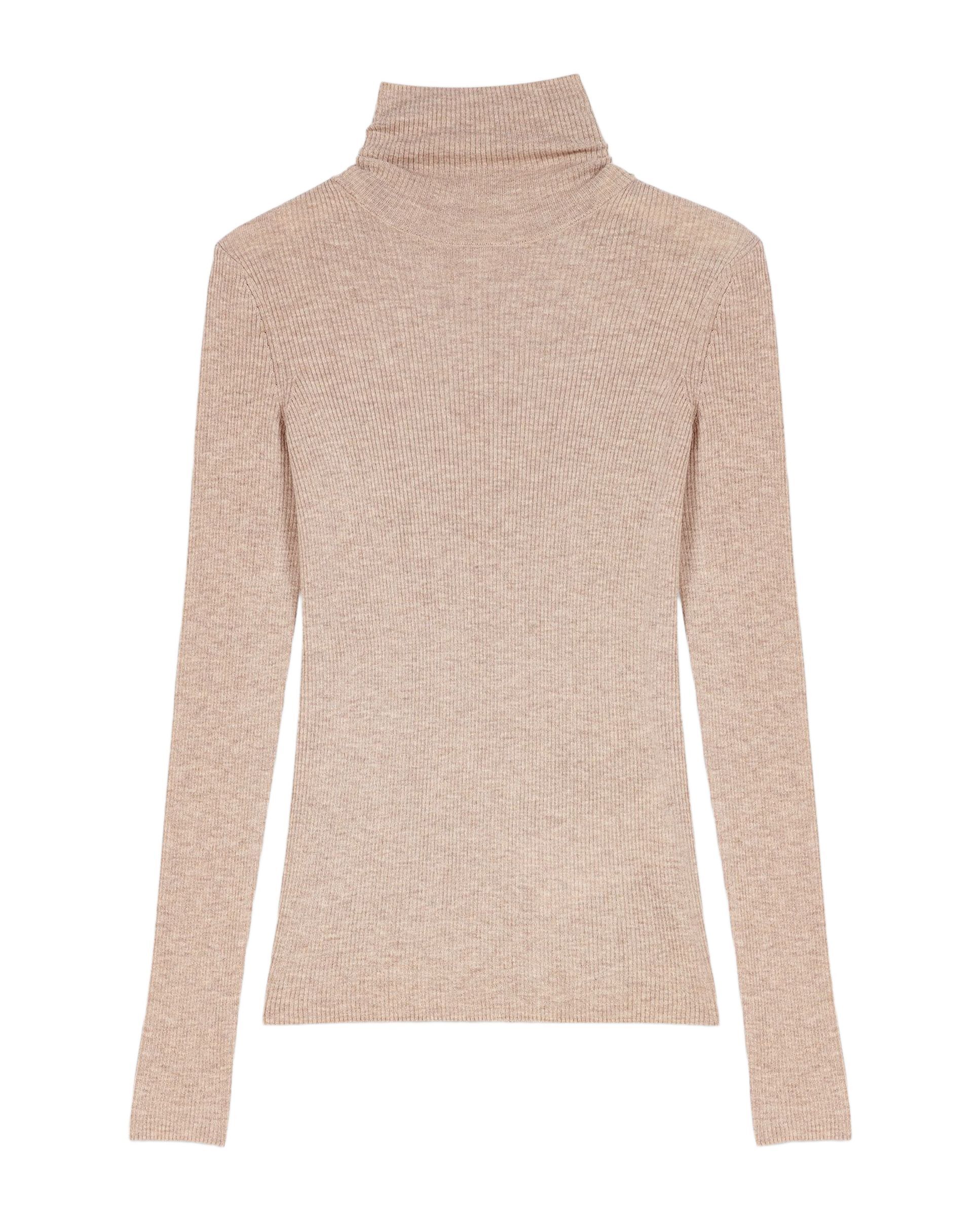 Jersey de mujer cuello alto acanalado de lana y seda - Maje - Beige Beige-8