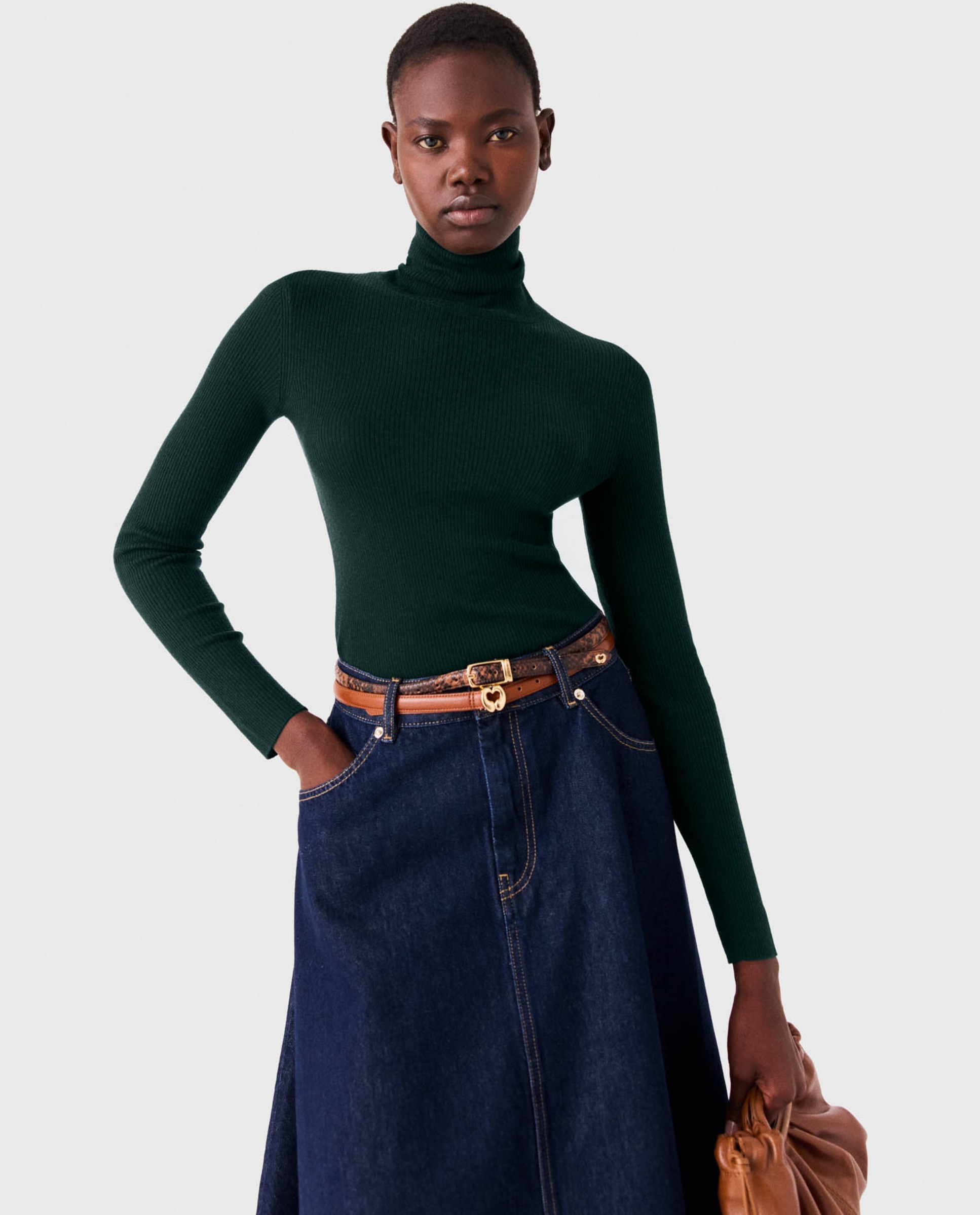 Jersey de mujer cuello alto acanalado de lana y seda - Maje - Verde Verde-1