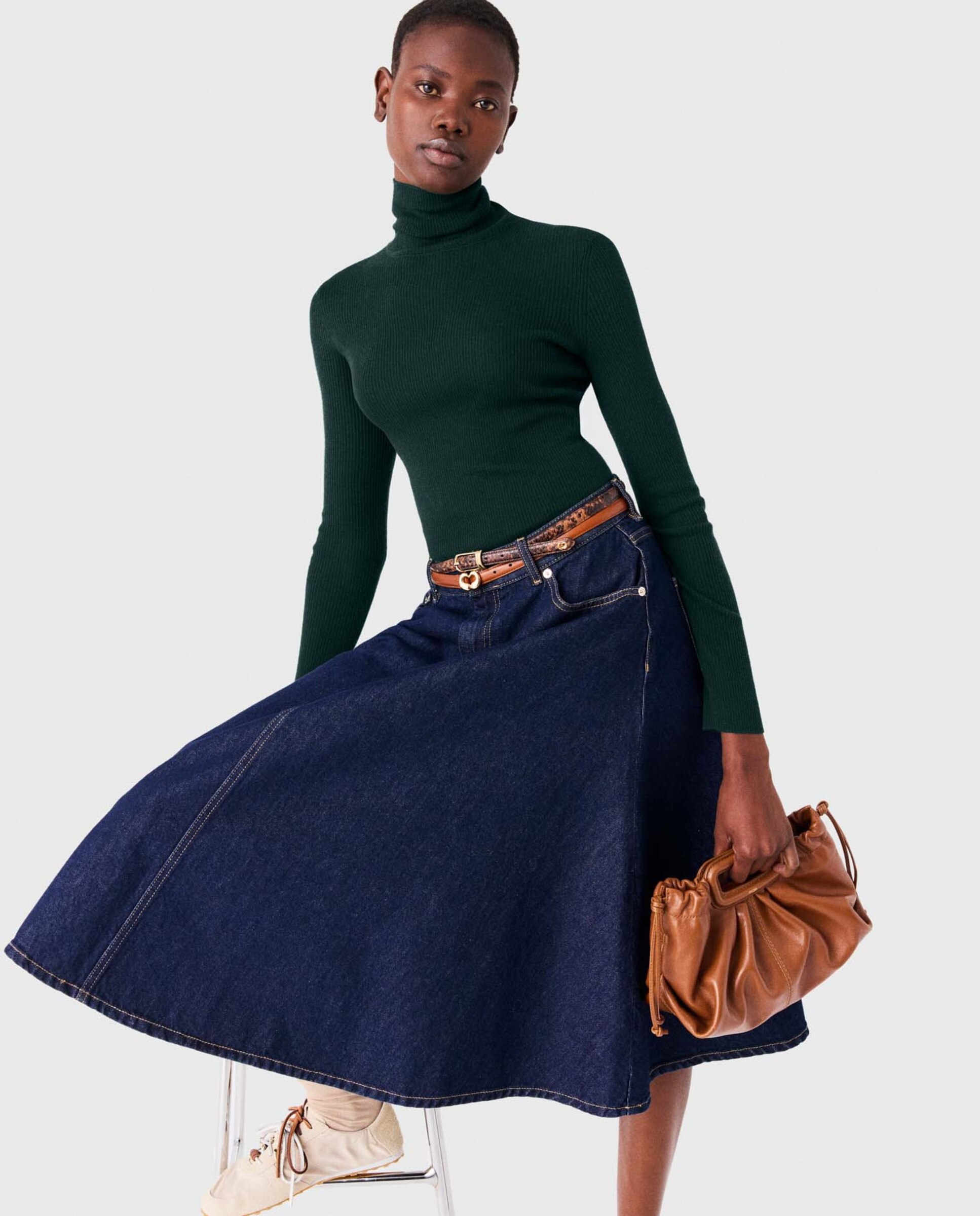 Jersey de mujer cuello alto acanalado de lana y seda - Maje - Verde Verde-5