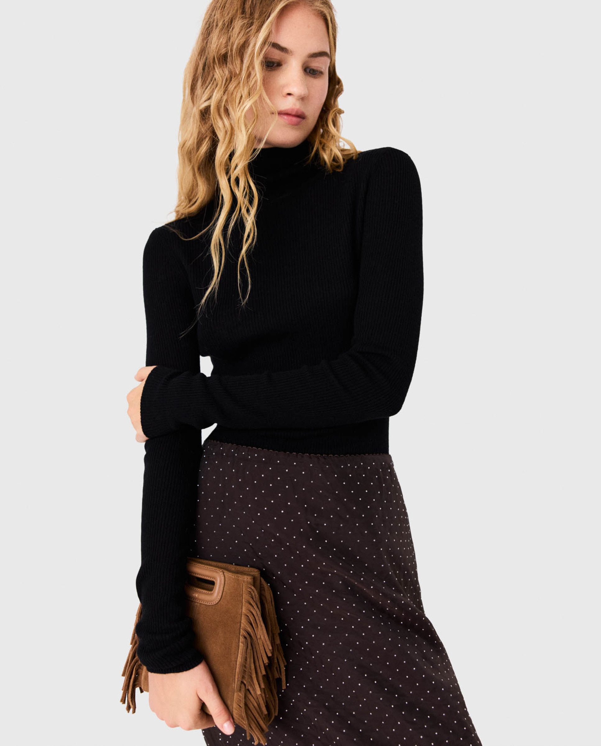 Jersey de mujer cuello alto acanalado de lana y seda - Maje - Negro Negro-1