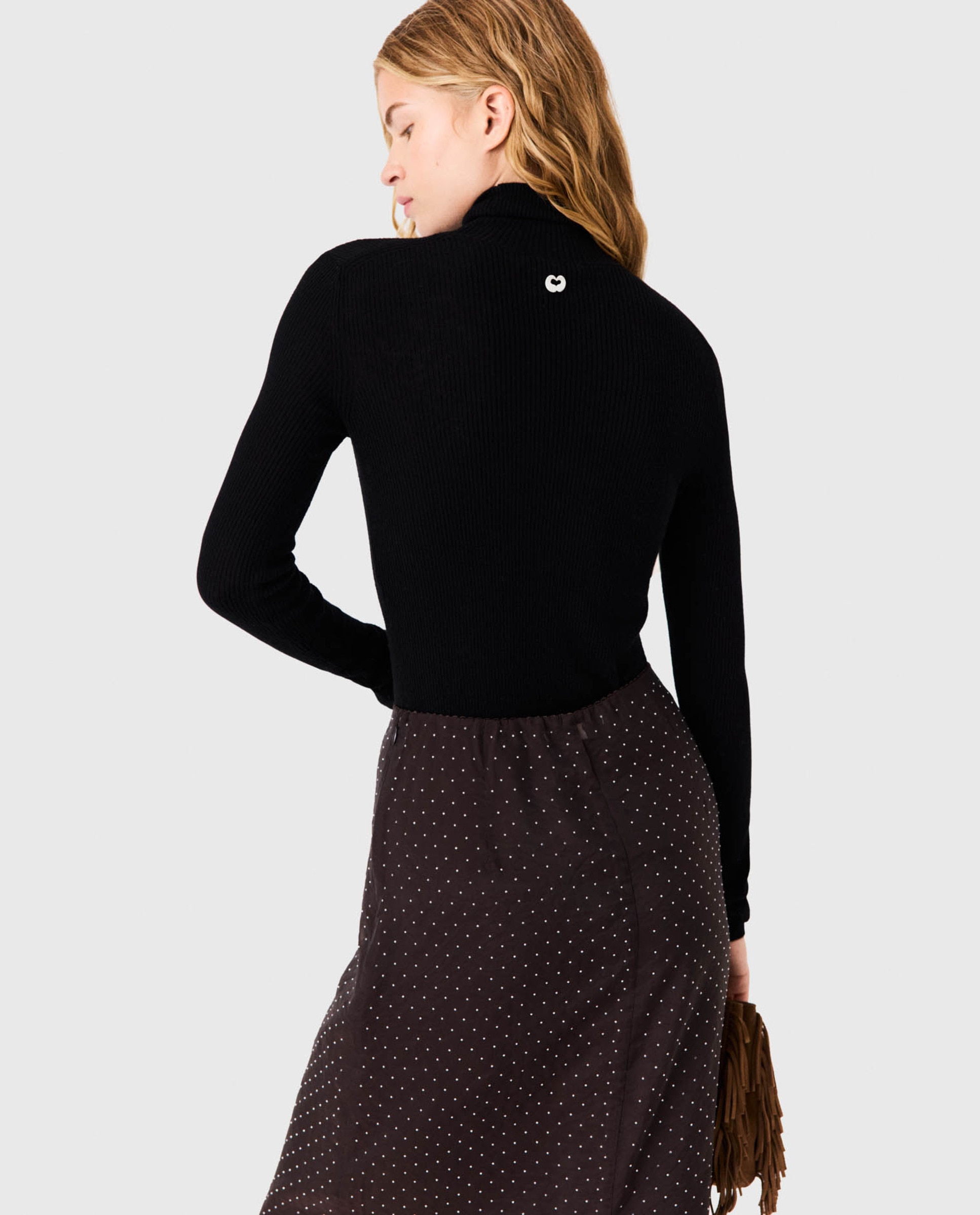 Jersey de mujer cuello alto acanalado de lana y seda - Maje - Negro Negro-2