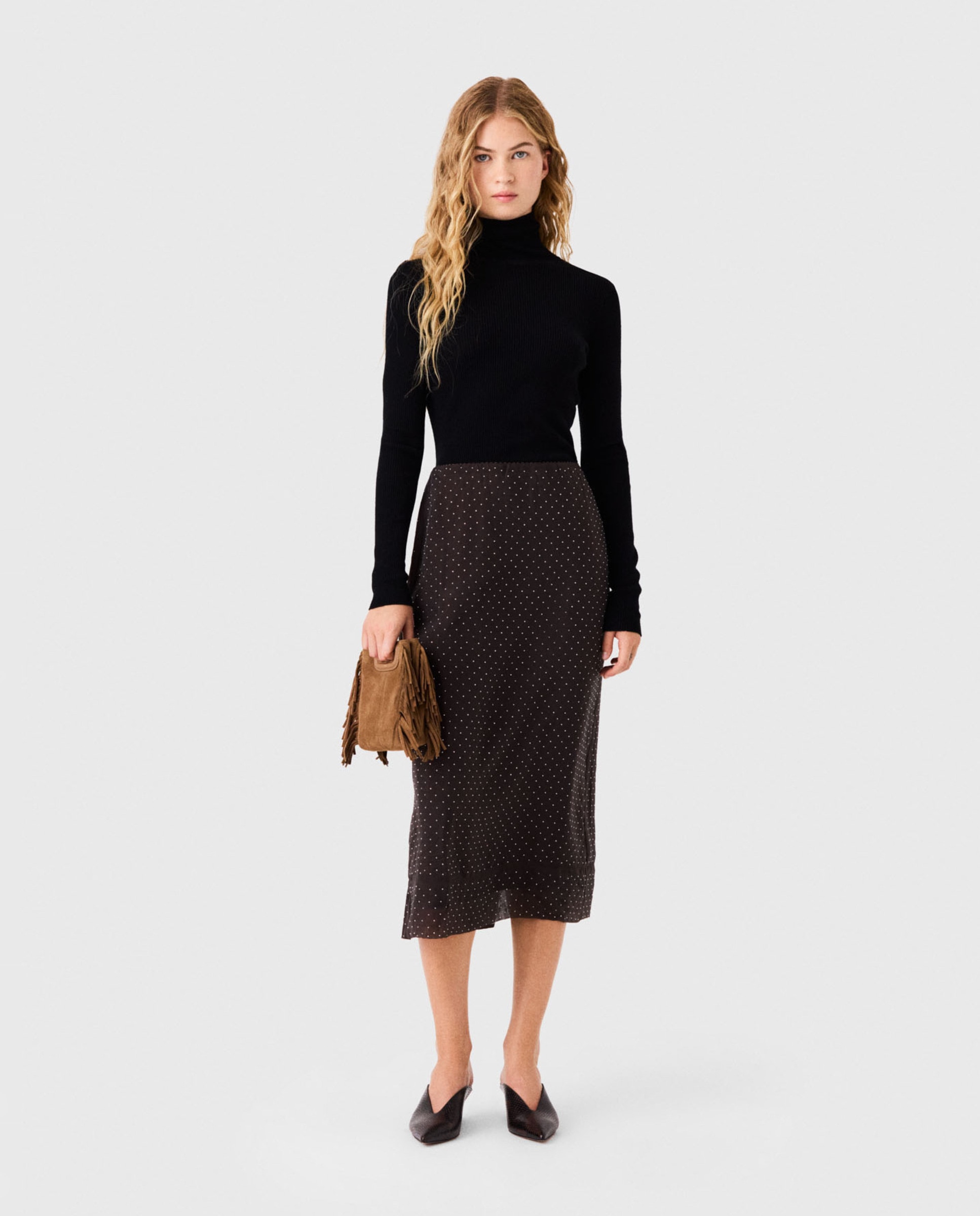 Jersey de mujer cuello alto acanalado de lana y seda - Maje - Negro Negro-4