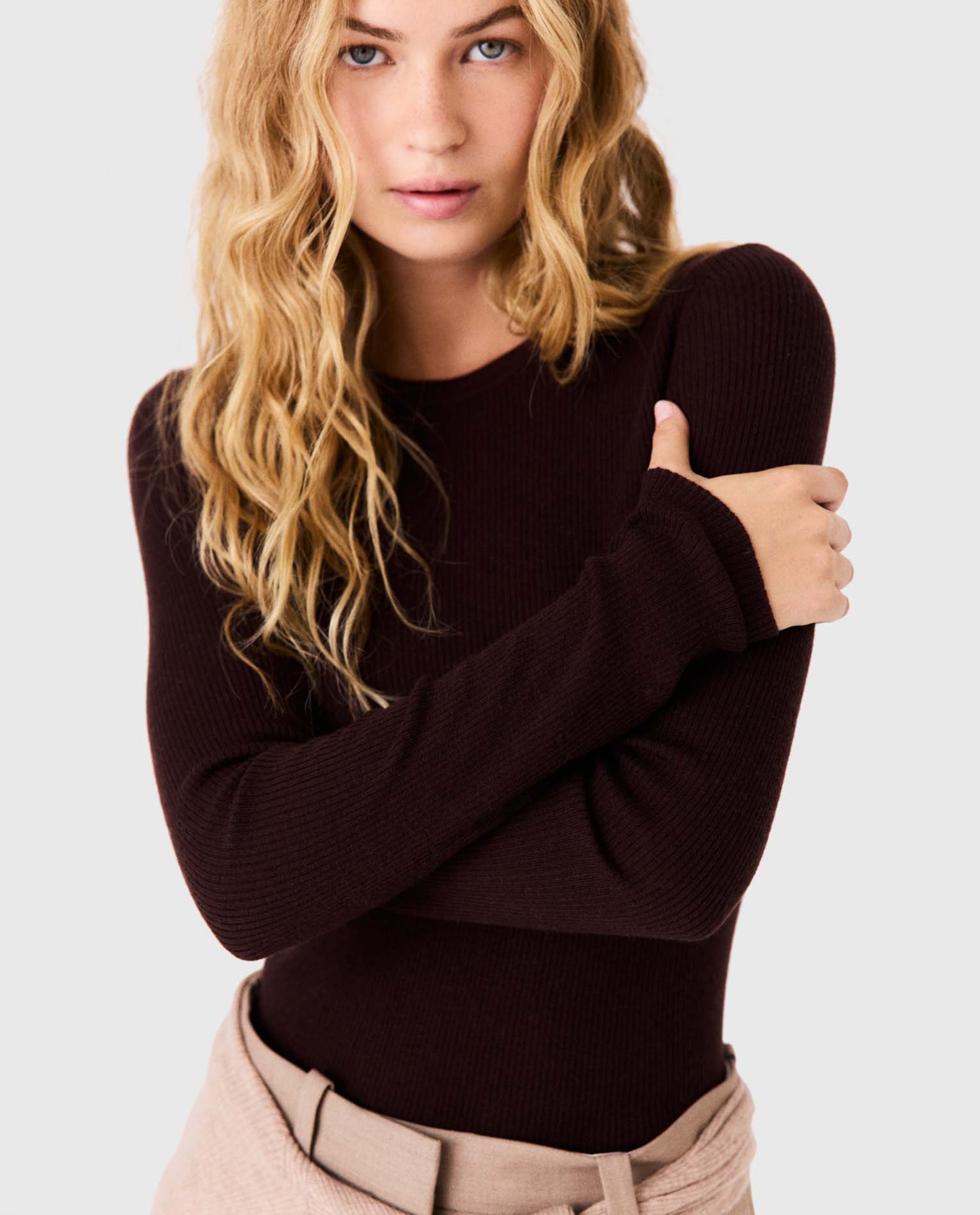 Jersey de mujer acanalado segunda piel - Maje - Marrón oscuro Marrón oscuro-5