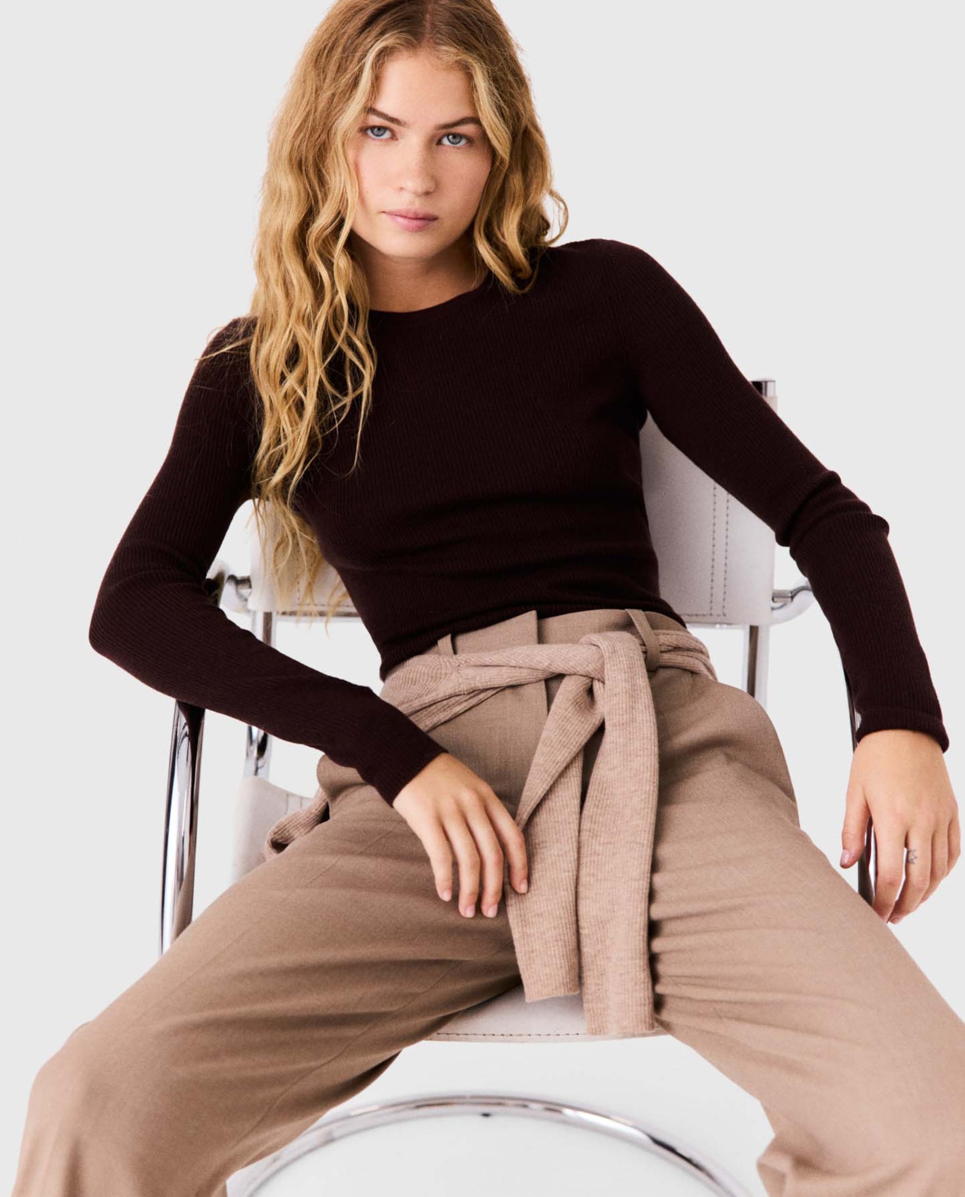 Jersey de mujer acanalado segunda piel - Maje - Marrón oscuro Marrón oscuro-6