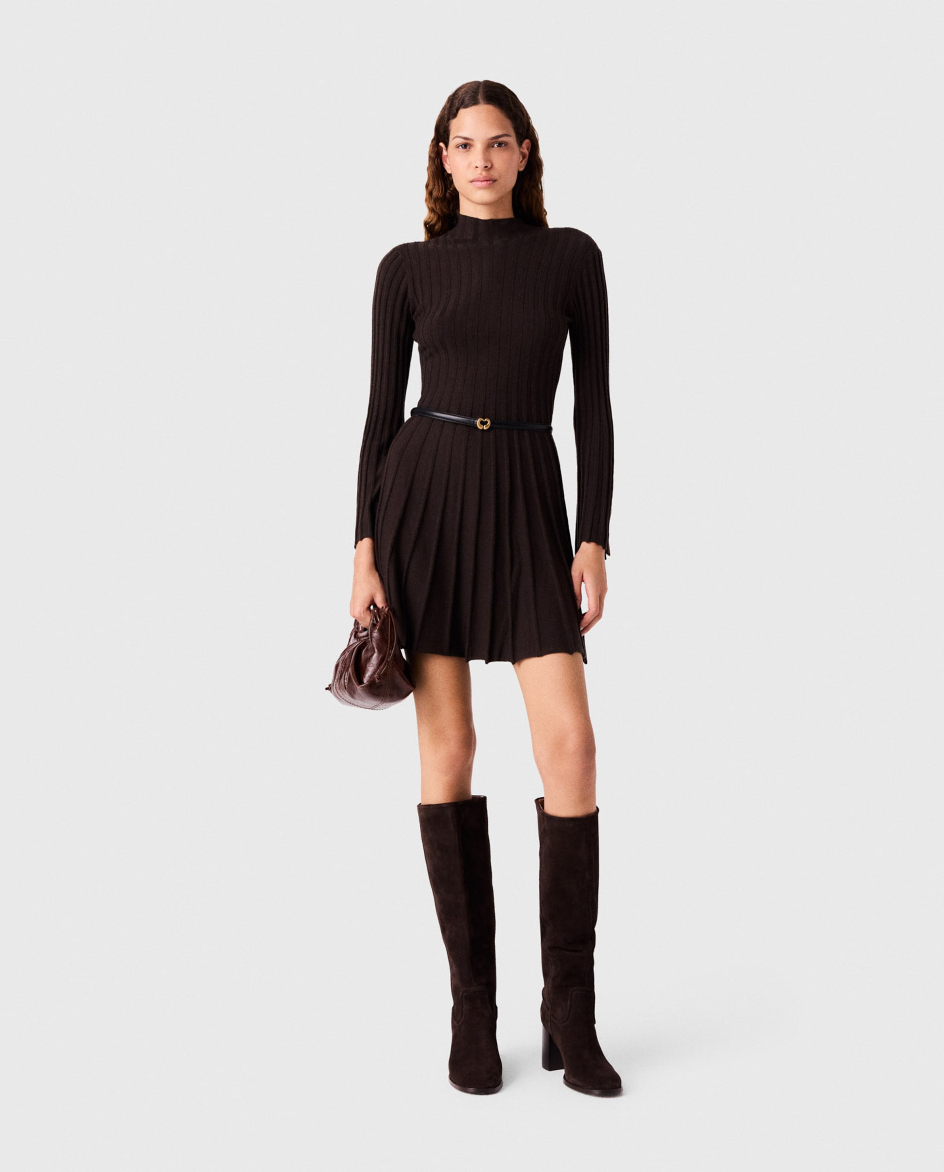 Vestido corto patinador de punto acanalado cuello alto - Maje - Marrón oscuro Marrón oscuro-1