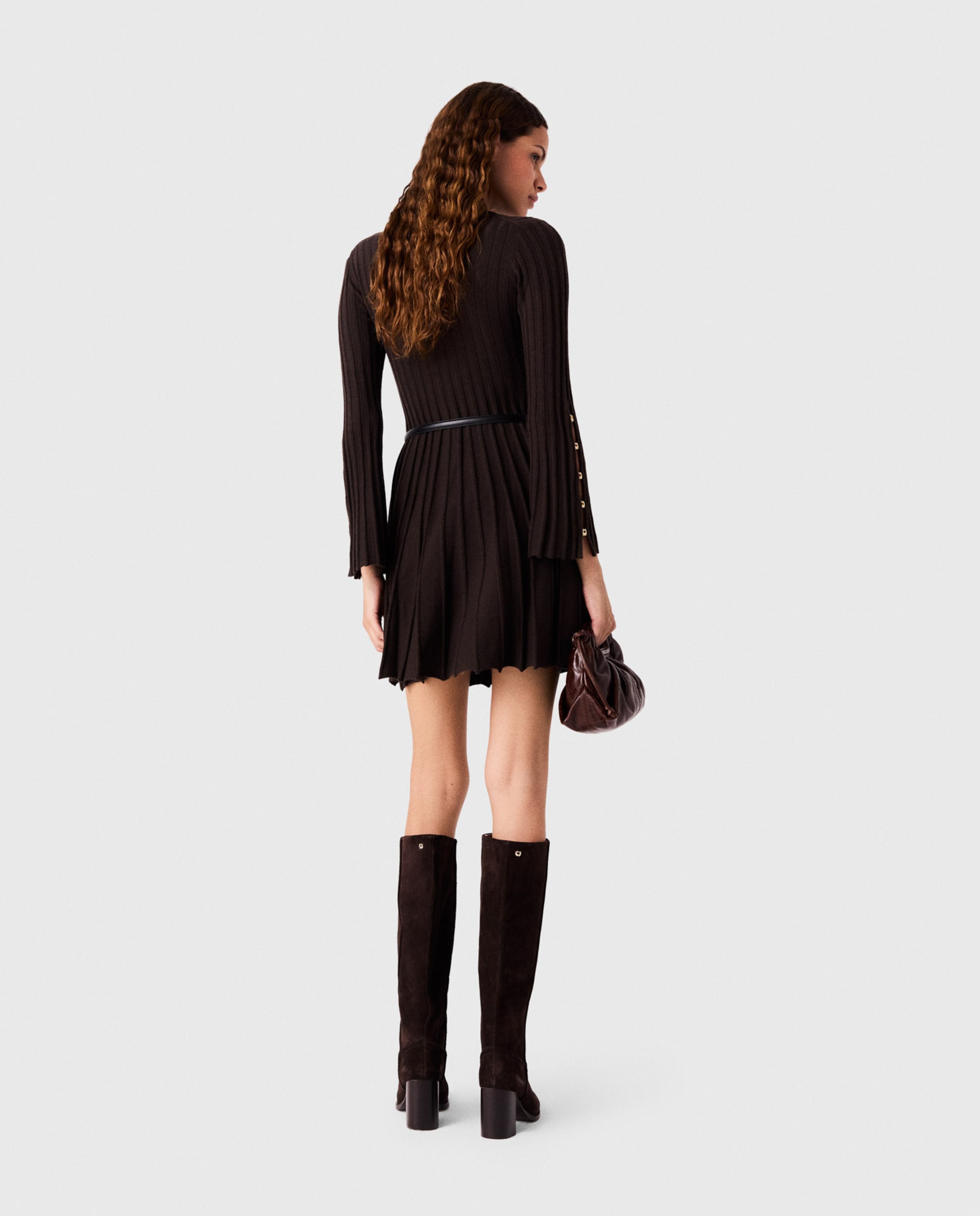 Vestido corto patinador de punto acanalado cuello alto - Maje - Marrón oscuro Marrón oscuro-3