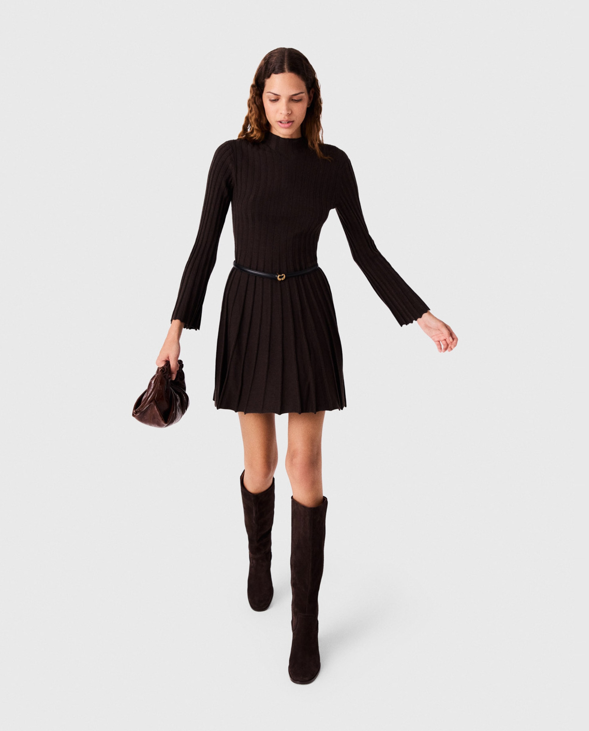 Vestido corto patinador de punto acanalado cuello alto - Maje - Marrón oscuro Marrón oscuro-4