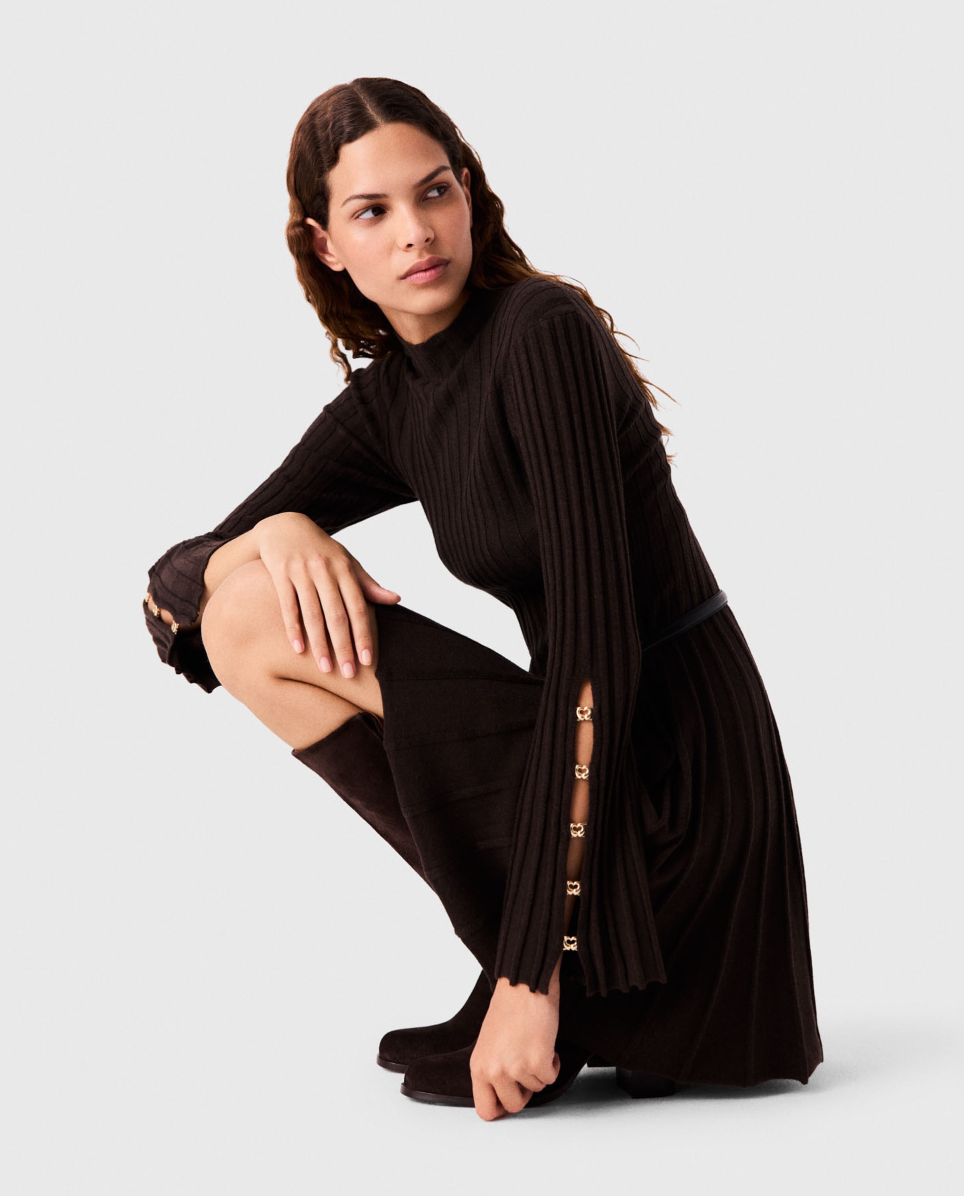 Vestido corto patinador de punto acanalado cuello alto - Maje - Marrón oscuro Marrón oscuro-6