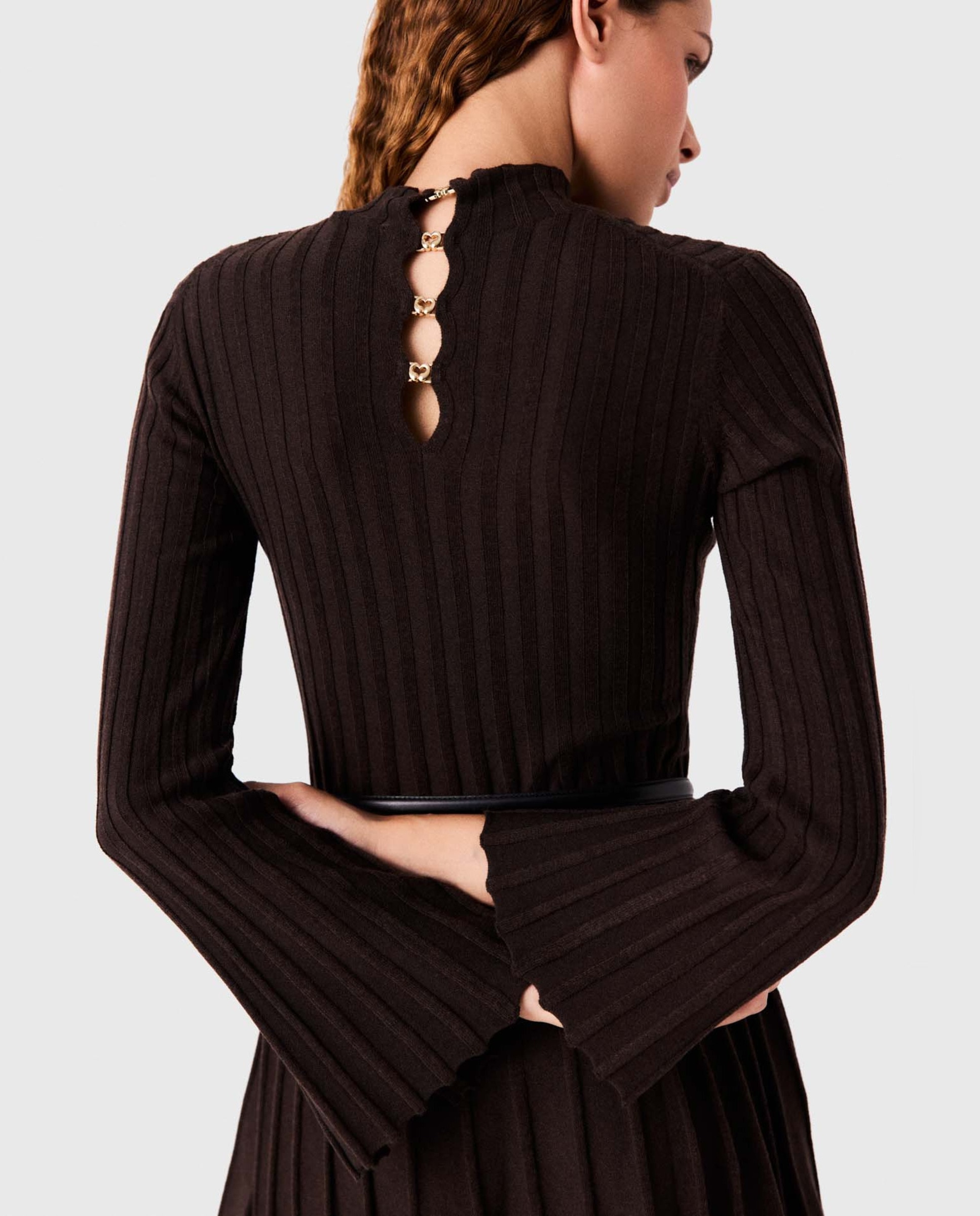 Vestido corto patinador de punto acanalado cuello alto - Maje - Marrón oscuro Marrón oscuro-8