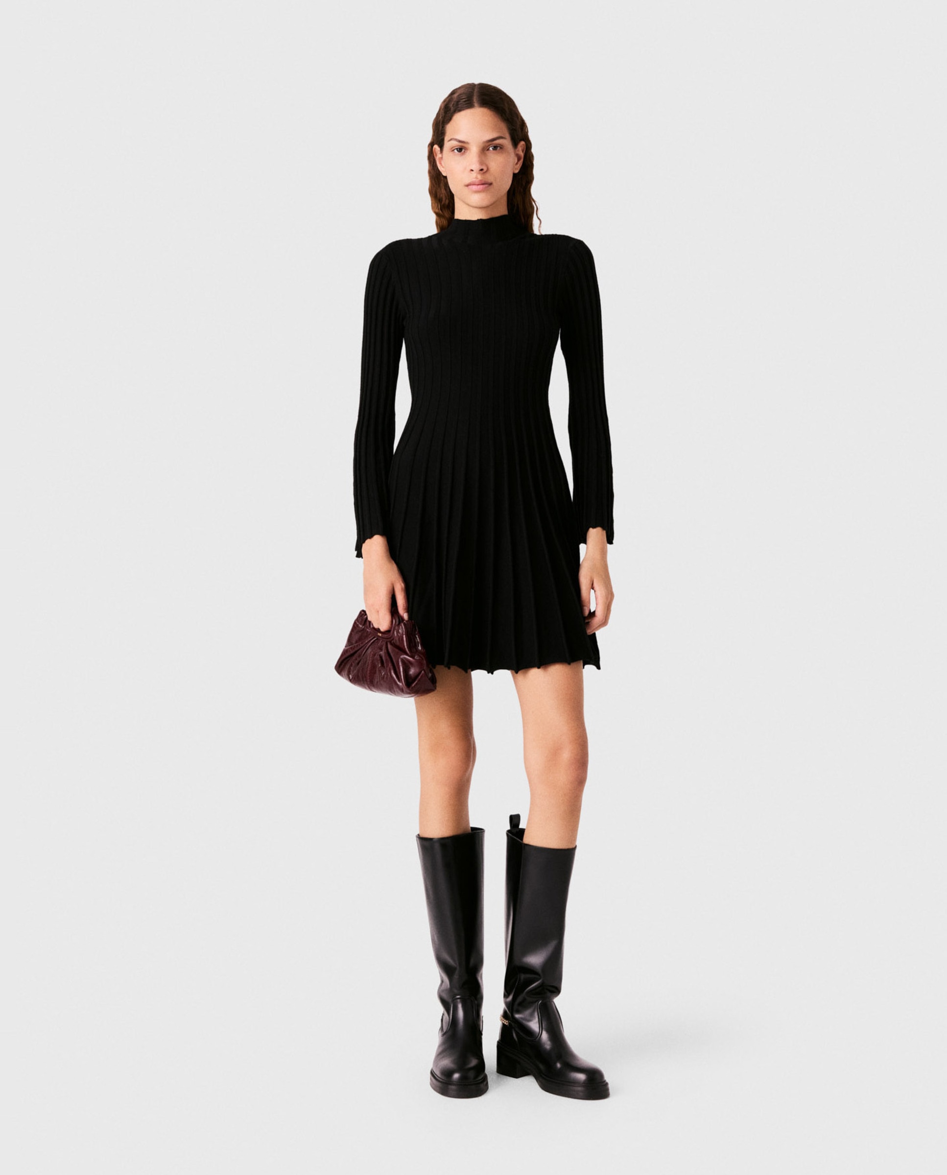 Vestido corto patinador de punto acanalado cuello alto - Maje - Negro Negro-1