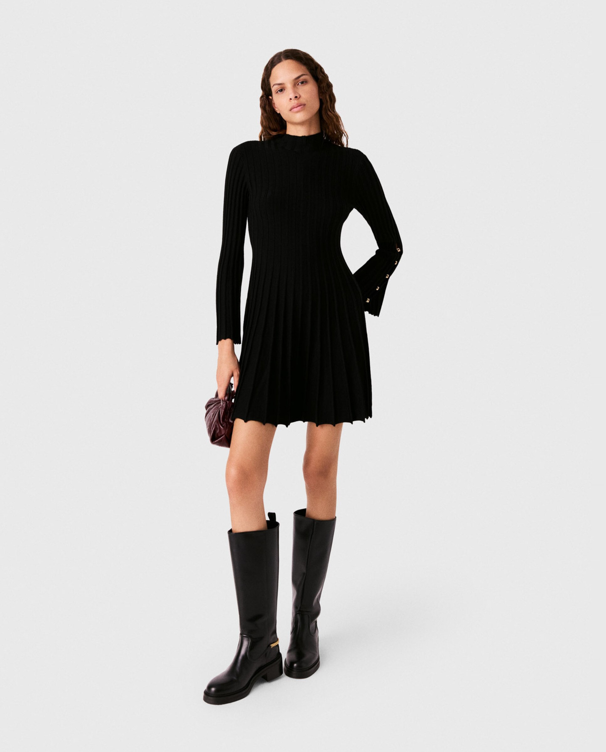Vestido corto patinador de punto acanalado cuello alto - Maje - Negro Negro-4