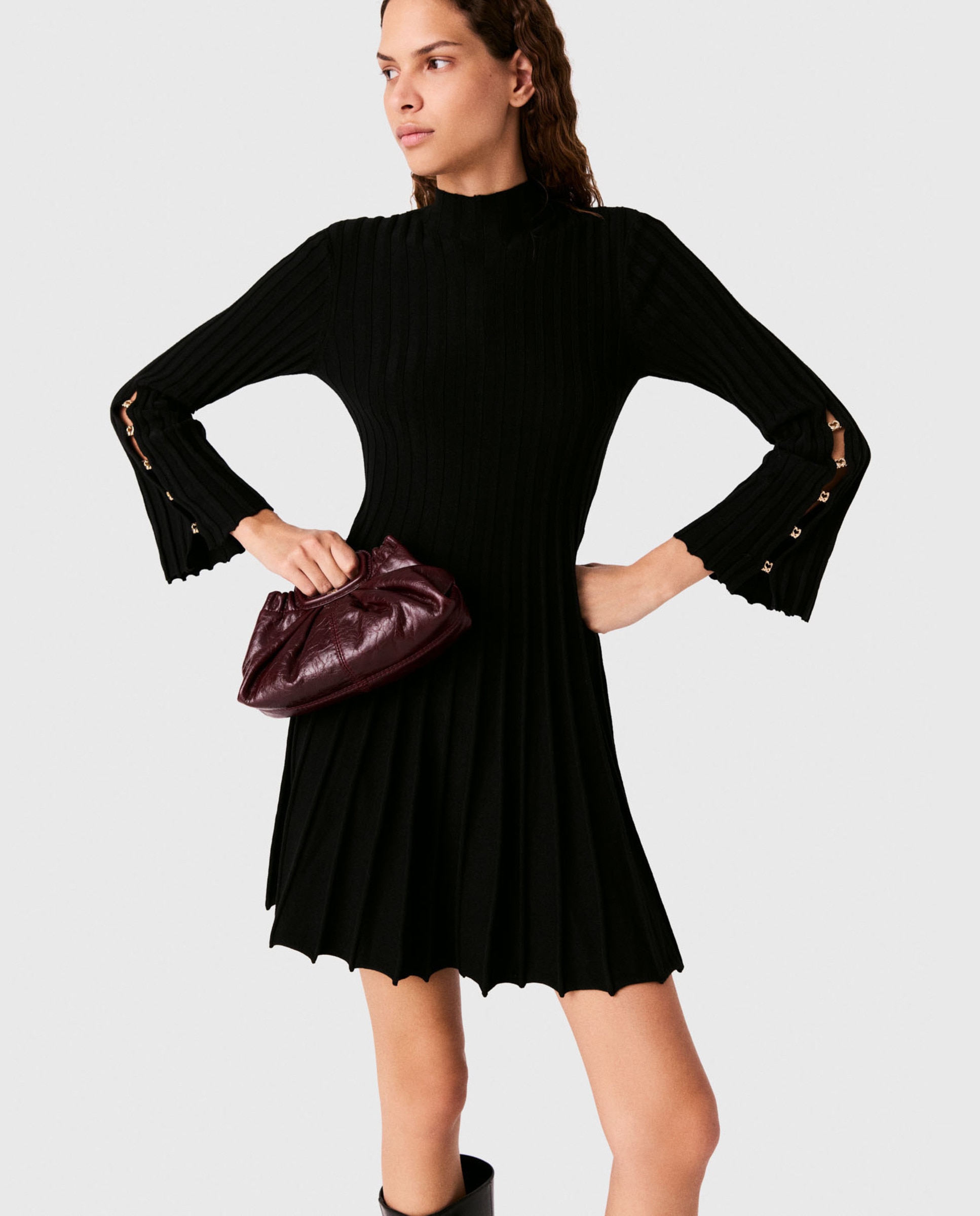 Vestido corto patinador de punto acanalado cuello alto - Maje - Negro Negro-7