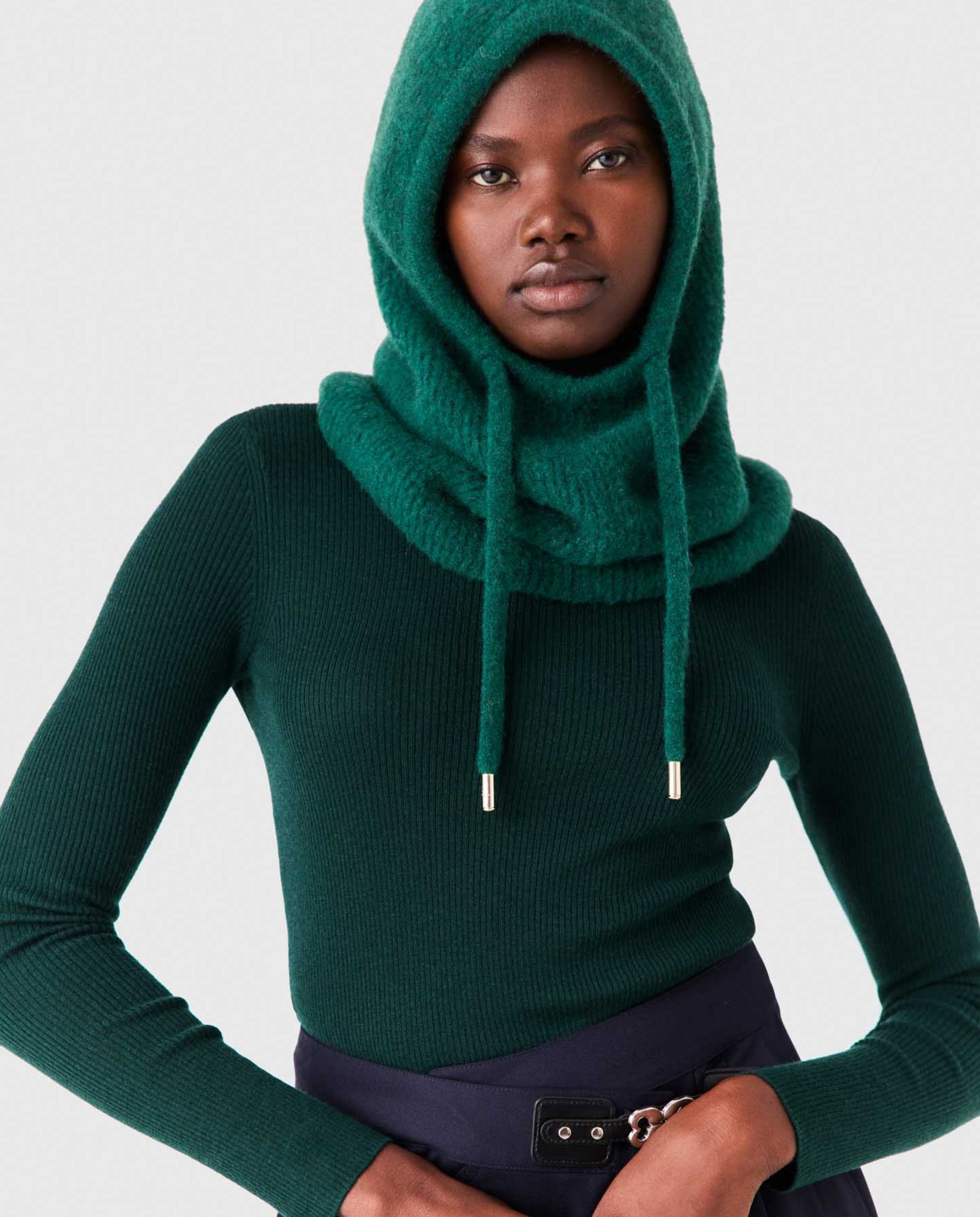 Pasamontañas de mujer en lana de yak, acanalado y ajustable - Maje - Verde oscuro Verde oscuro-2