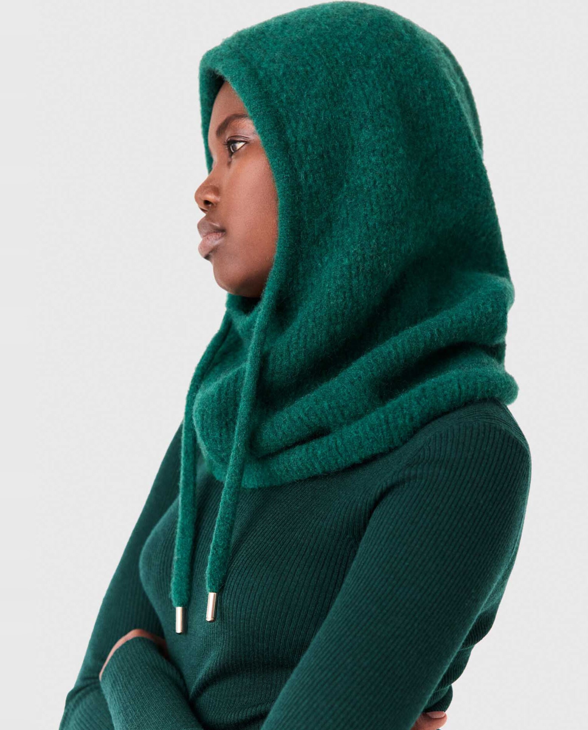 Pasamontañas de mujer en lana de yak, acanalado y ajustable - Maje - Verde oscuro Verde oscuro-4
